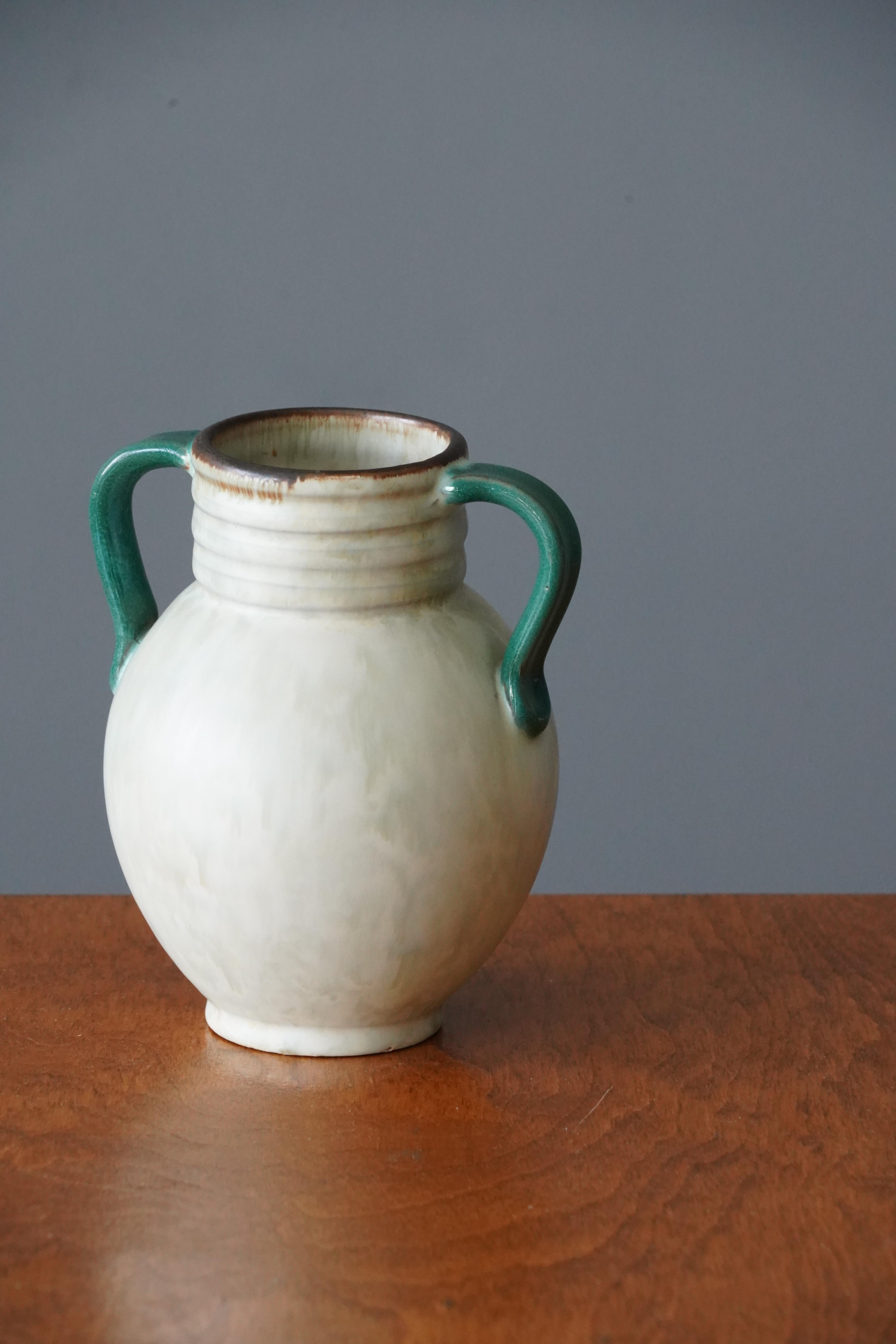 Art Deco Upsala-Ekeby, Vase, Cream White Green Glazed Incised Earthenware, Sweden, 1940s