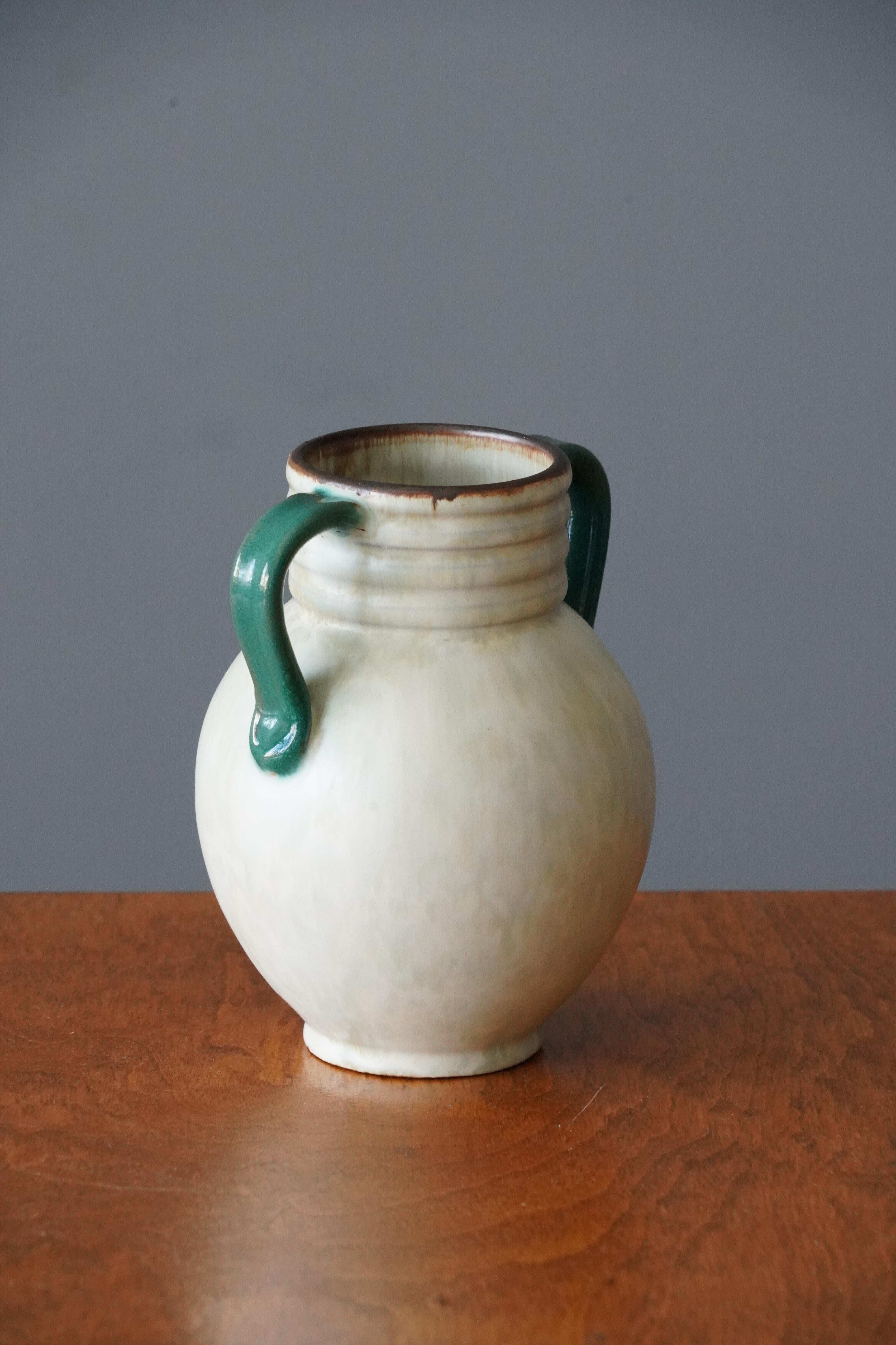 Swedish Upsala-Ekeby, Vase, Cream White Green Glazed Incised Earthenware, Sweden, 1940s