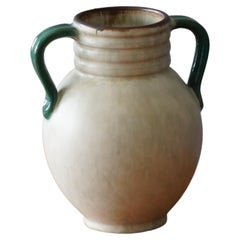 Upsala-Ekeby, Vase, Cream White Green Glazed Incised Earthenware, Sweden, 1940s