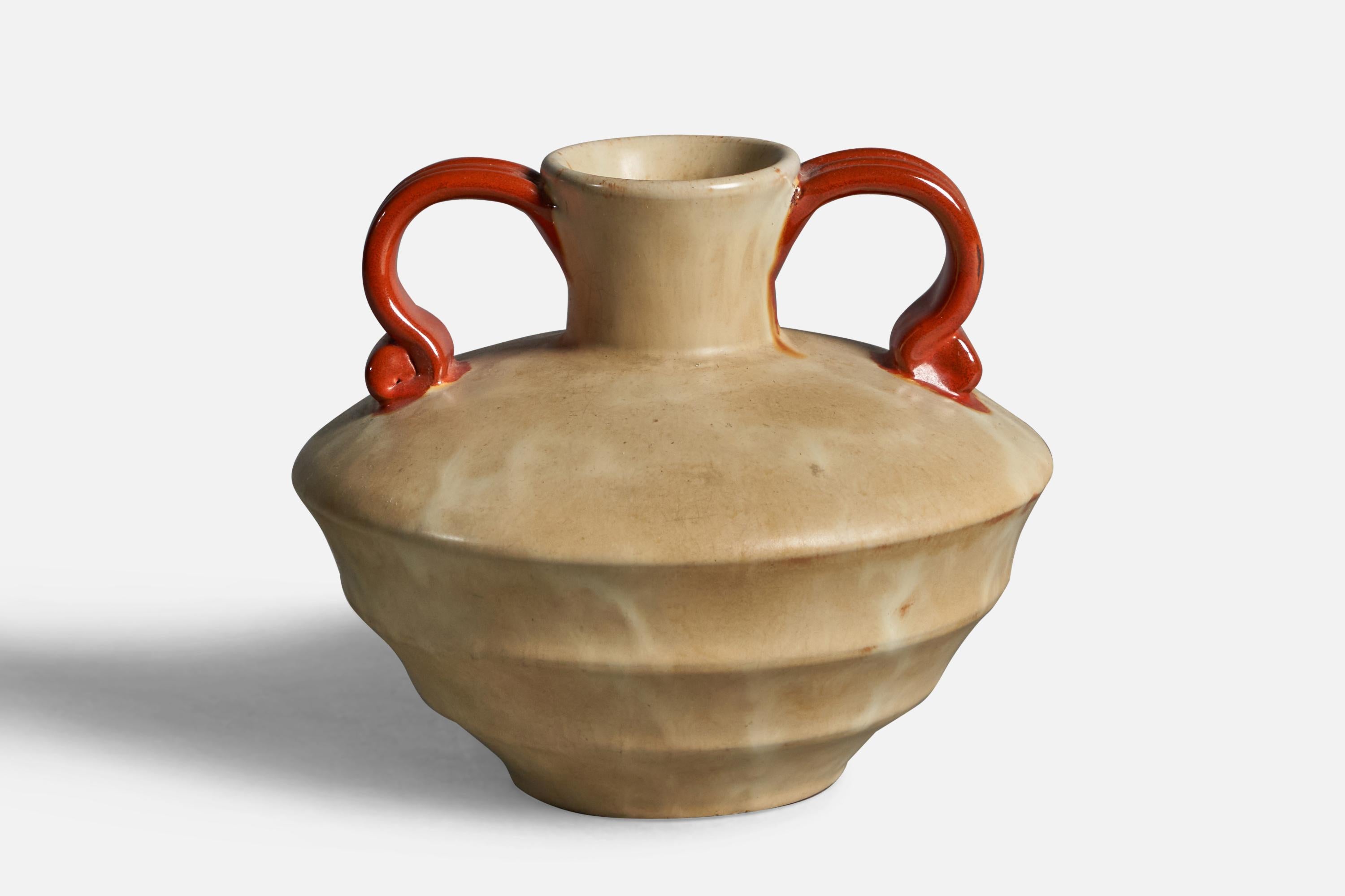 A beige and orange-glazed earthenware vase designed and produced by Upsala Ekeby, Sweden, 1930s.