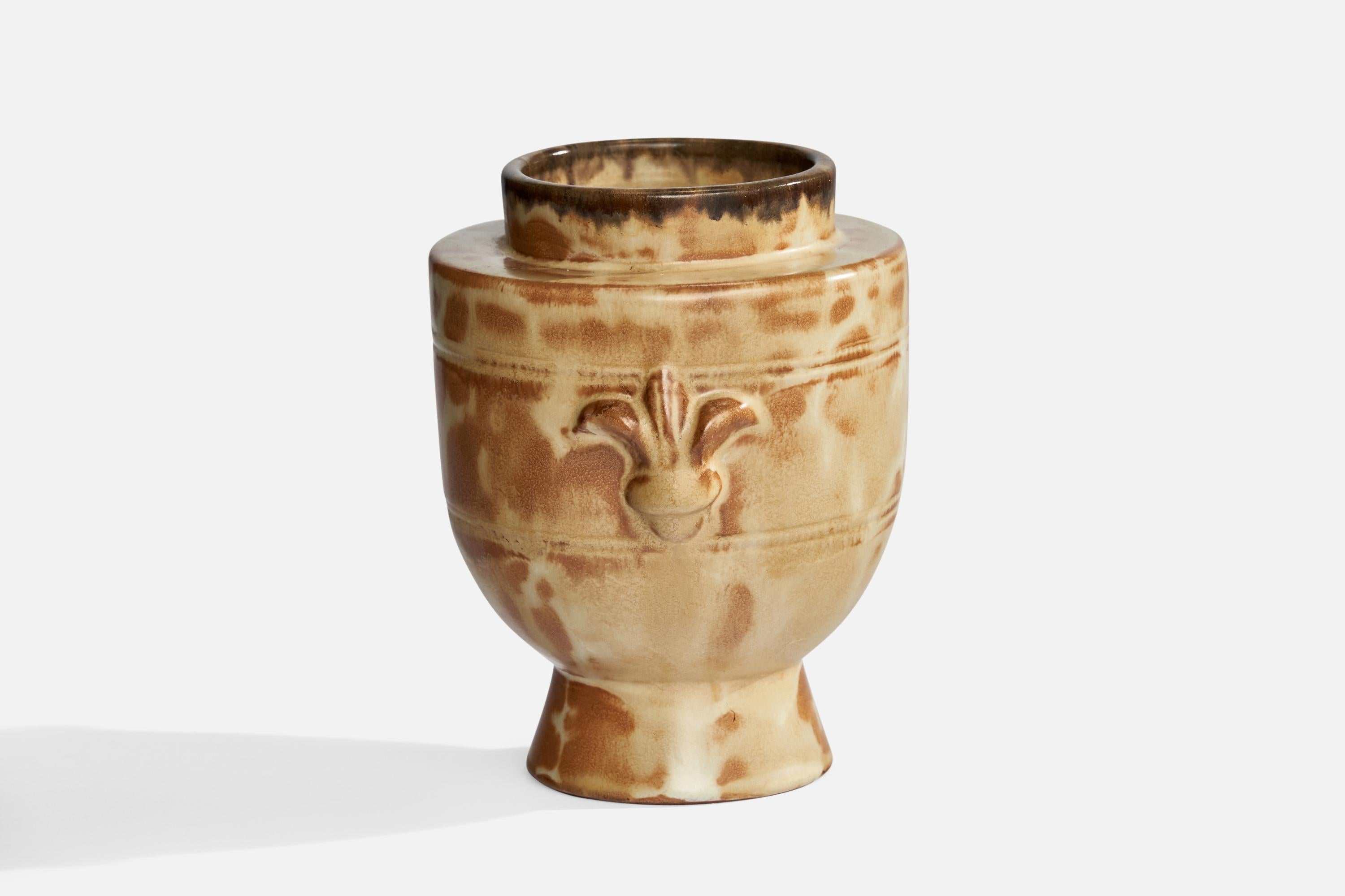 A beige and brown-glazed earthenware vase designed and produced by Upsala Ekeby, Sweden, 1930s.