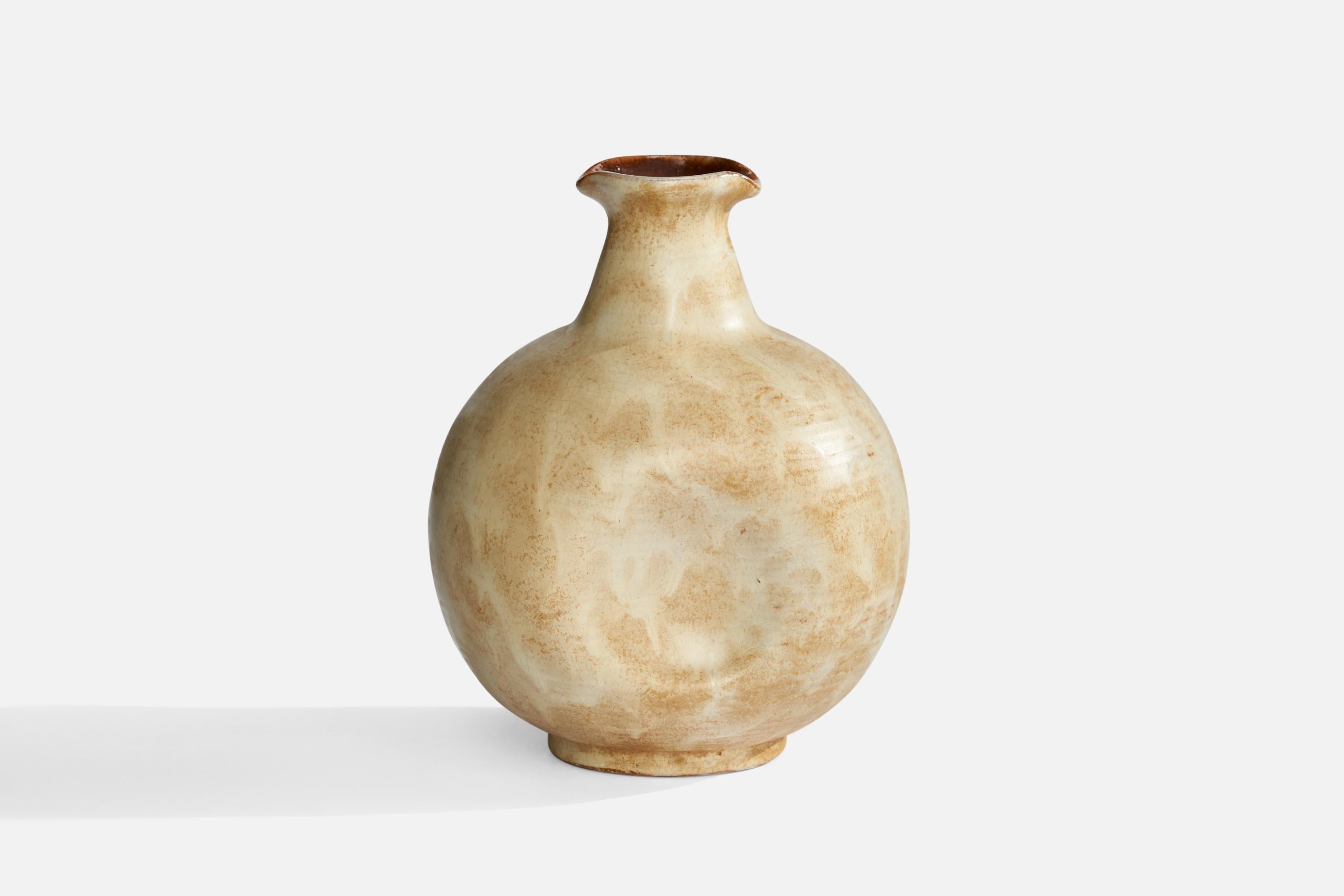 A beige-glazed earthenware vase designed and produced by Upsala Ekeby, Sweden, 1930s.