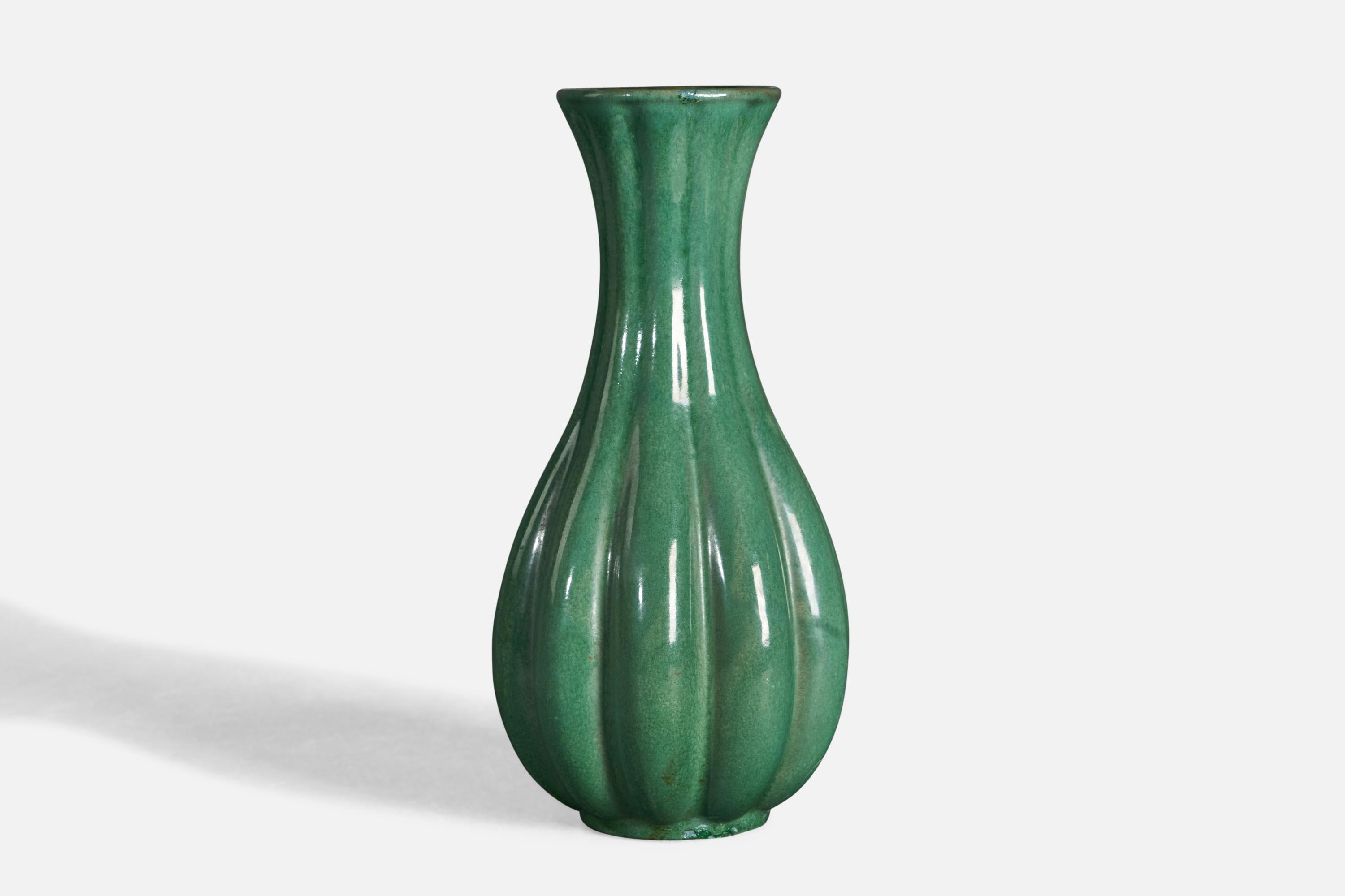 A green-glazed earthenware vase, designed and produced by Upsala Ekeby, Sweden, 1930s.
