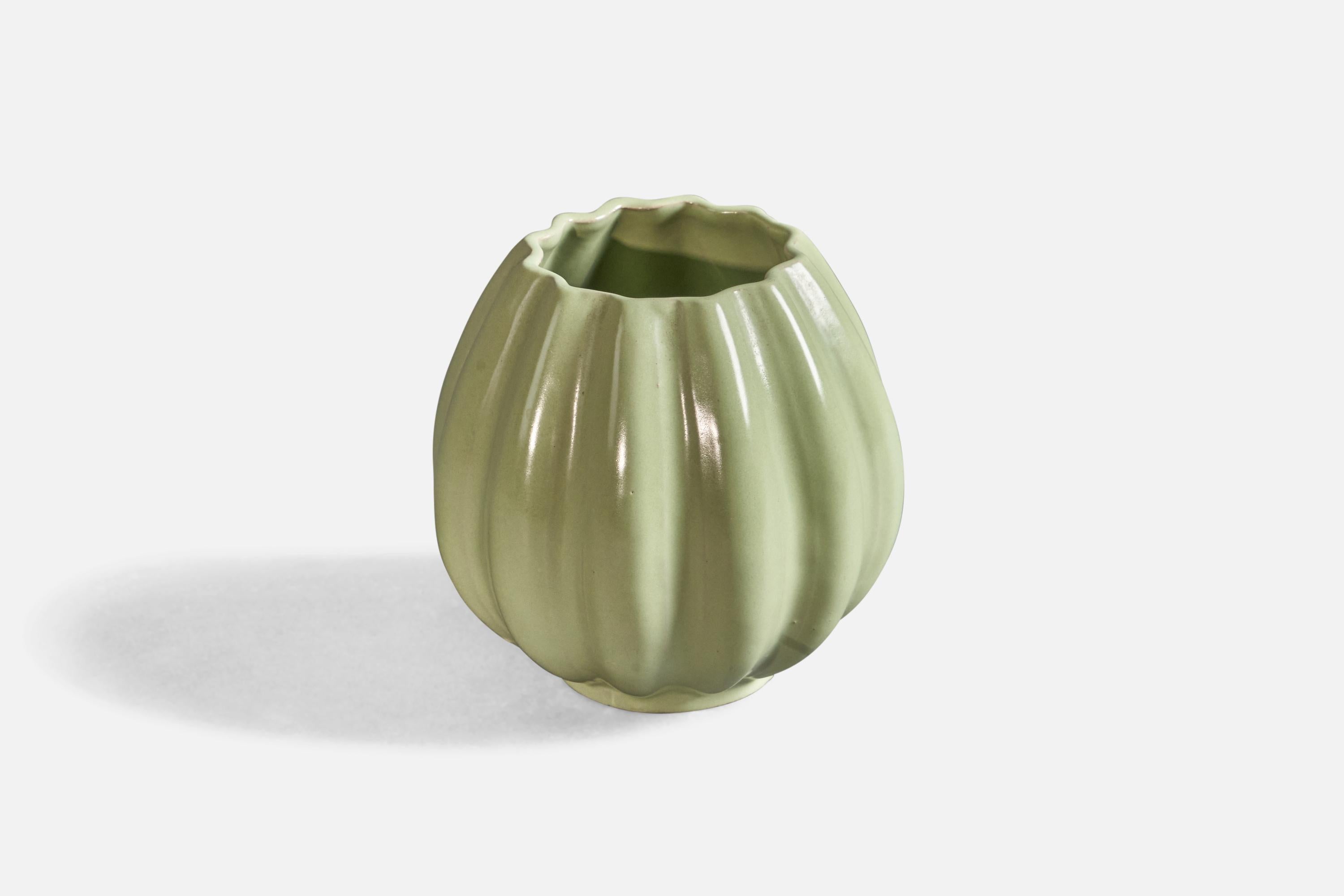 A celadon green-glazed and fluted earthenware vase, designed and produced by Upsala Ekeby, Sweden c. 1930s.