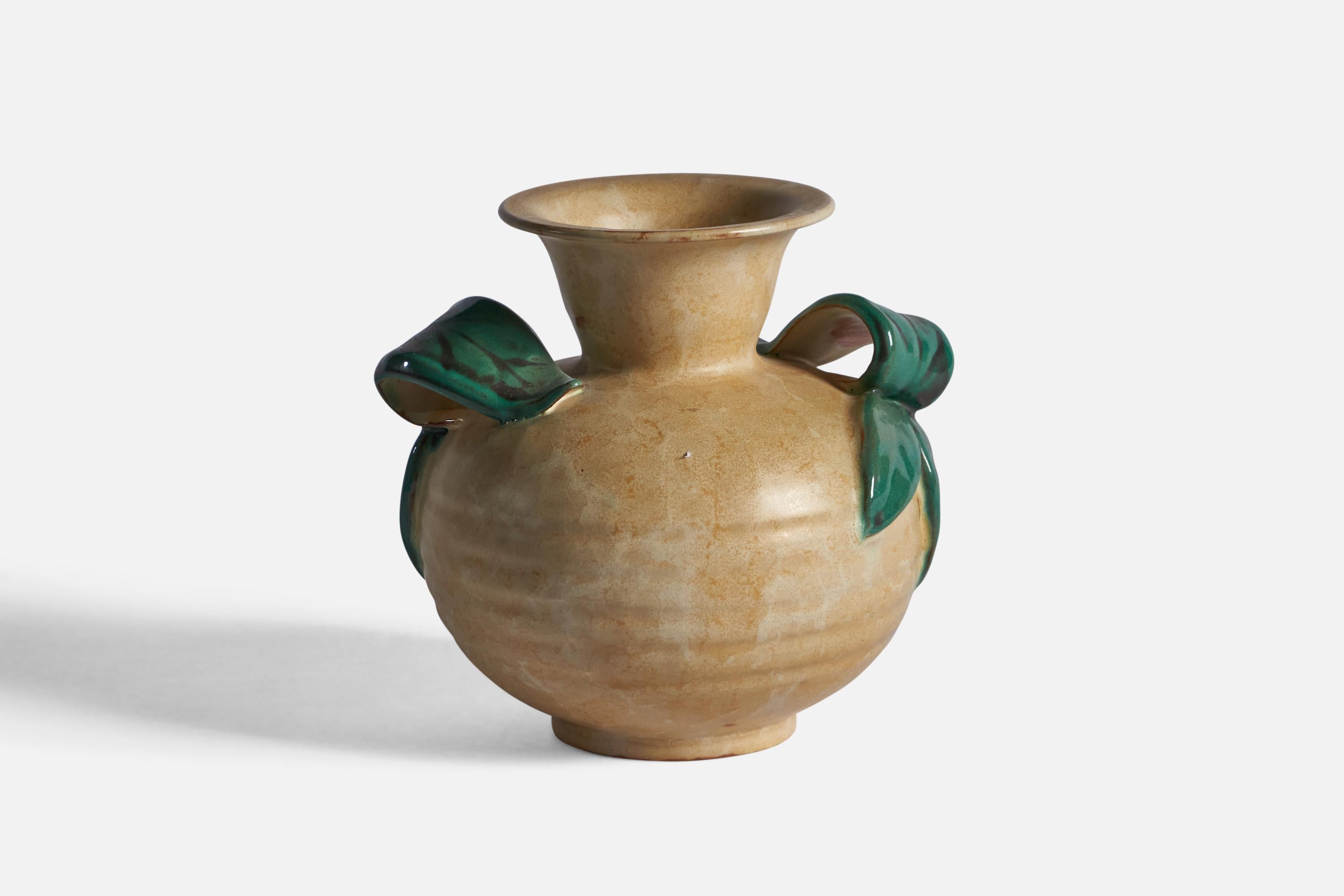 A green and beige-glazed earthenware vase, designed and produced by Upsala Ekeby, Sweden, c. 1930s.