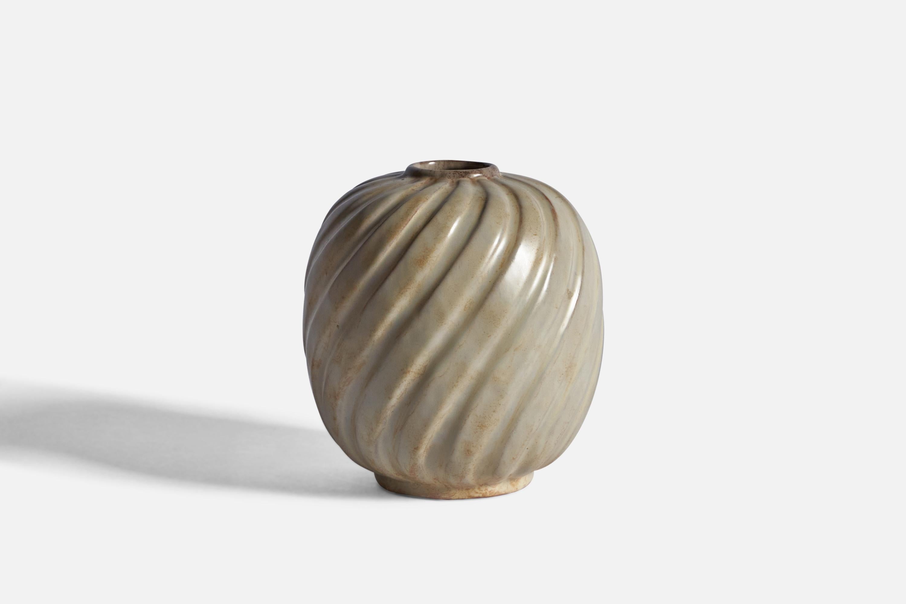 A grey-glazed fluted stoneware vase designed and produced by Upsala Ekeby, Sweden c. 1930s.