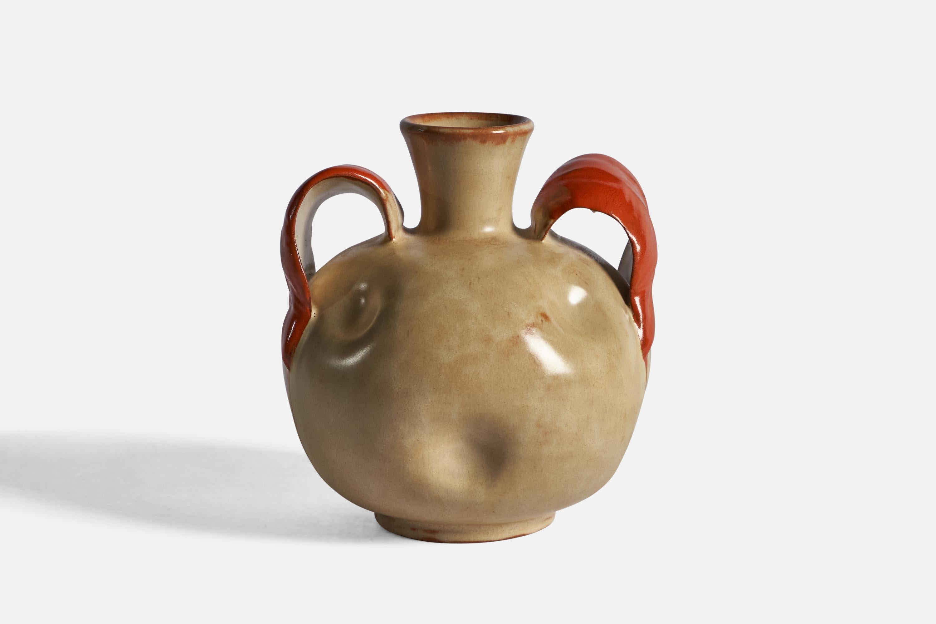 A beige and orange-glazed earthenware vase, designed and produced by Upsala Ekeby, Sweden, c. 1930s.