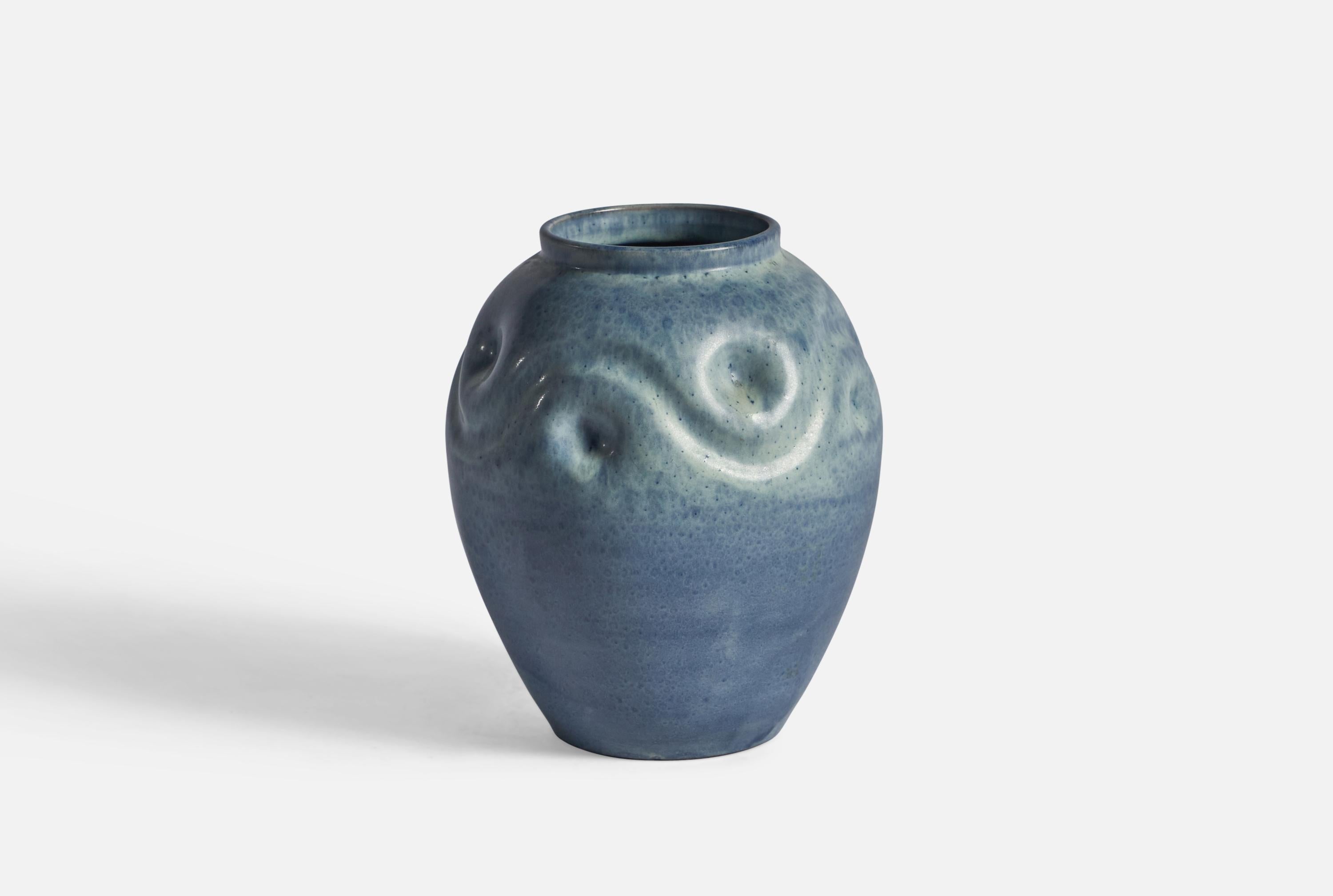 A blue-glazed earthenware vase designed and produced by Upsala Ekeby, Sweden, c. 1930s.