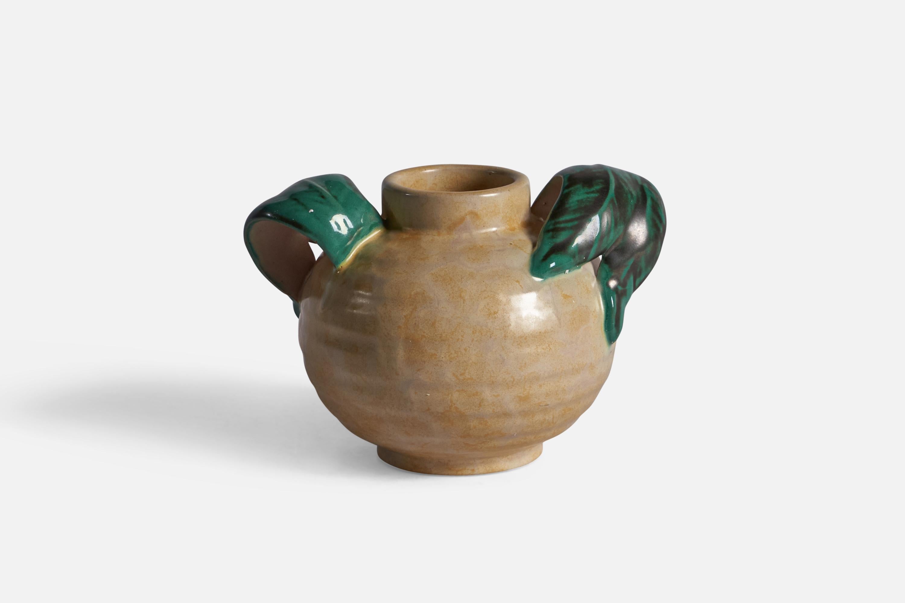 A green and beige-glazed earthenware vase, designed and produced by Upsala Ekeby, Sweden, c. 1930s.