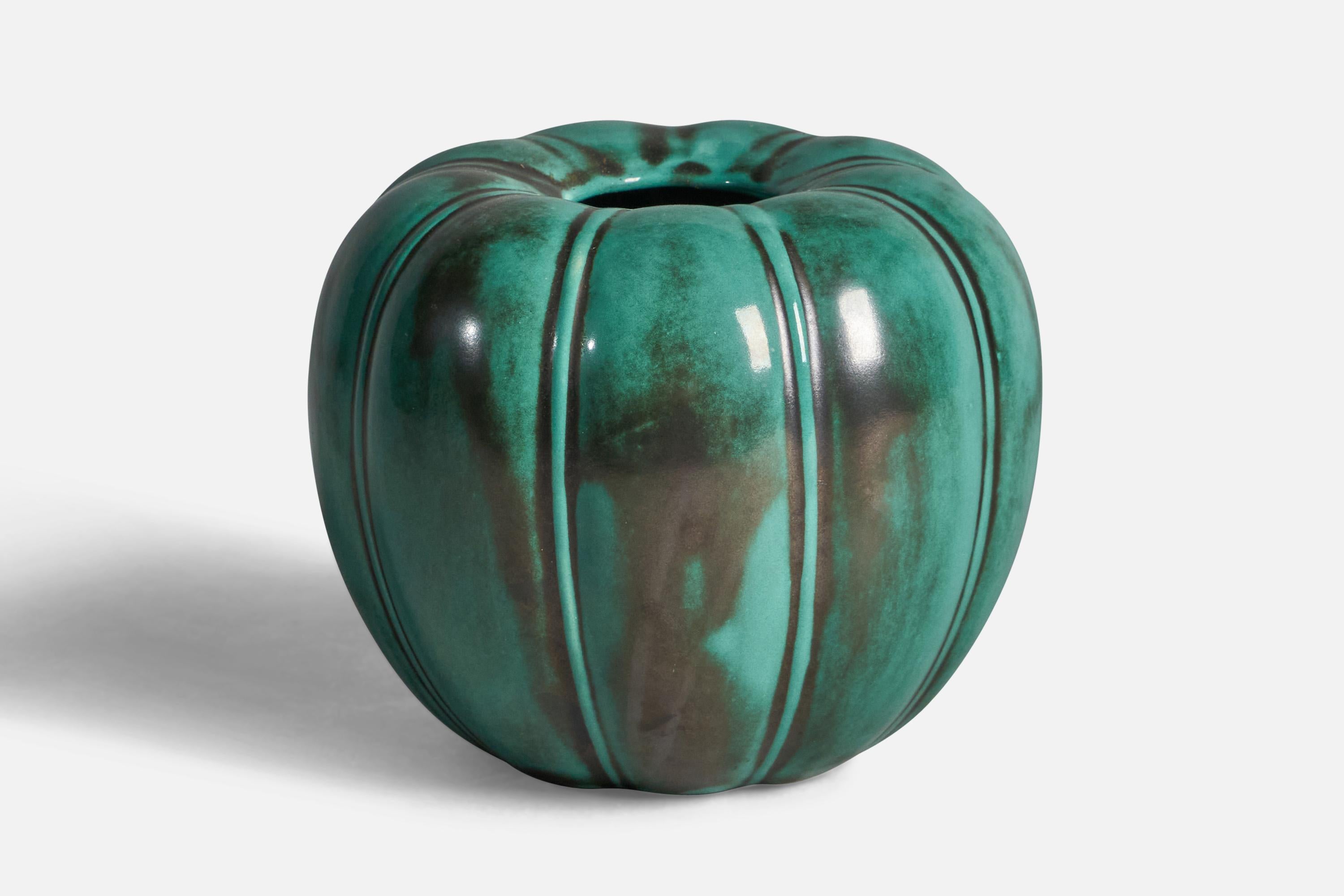 A fluted green-glazed earthenware vase, designed and produced by Upsala Ekeby, Sweden, 1930s