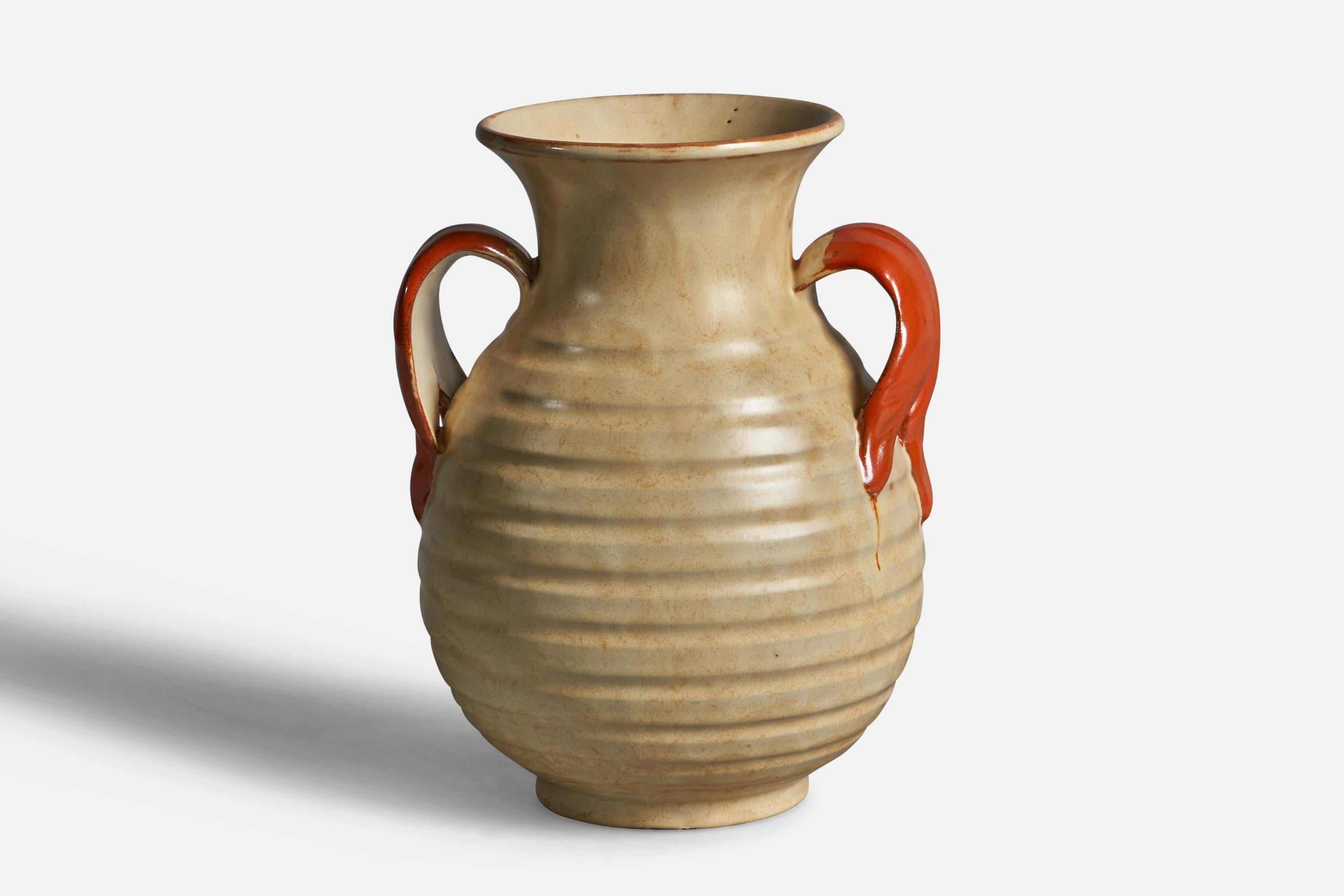 An incised beige and orange-glazed earthenware vase, designed and produced by Upsala Ekeby, Sweden, 1930s.
