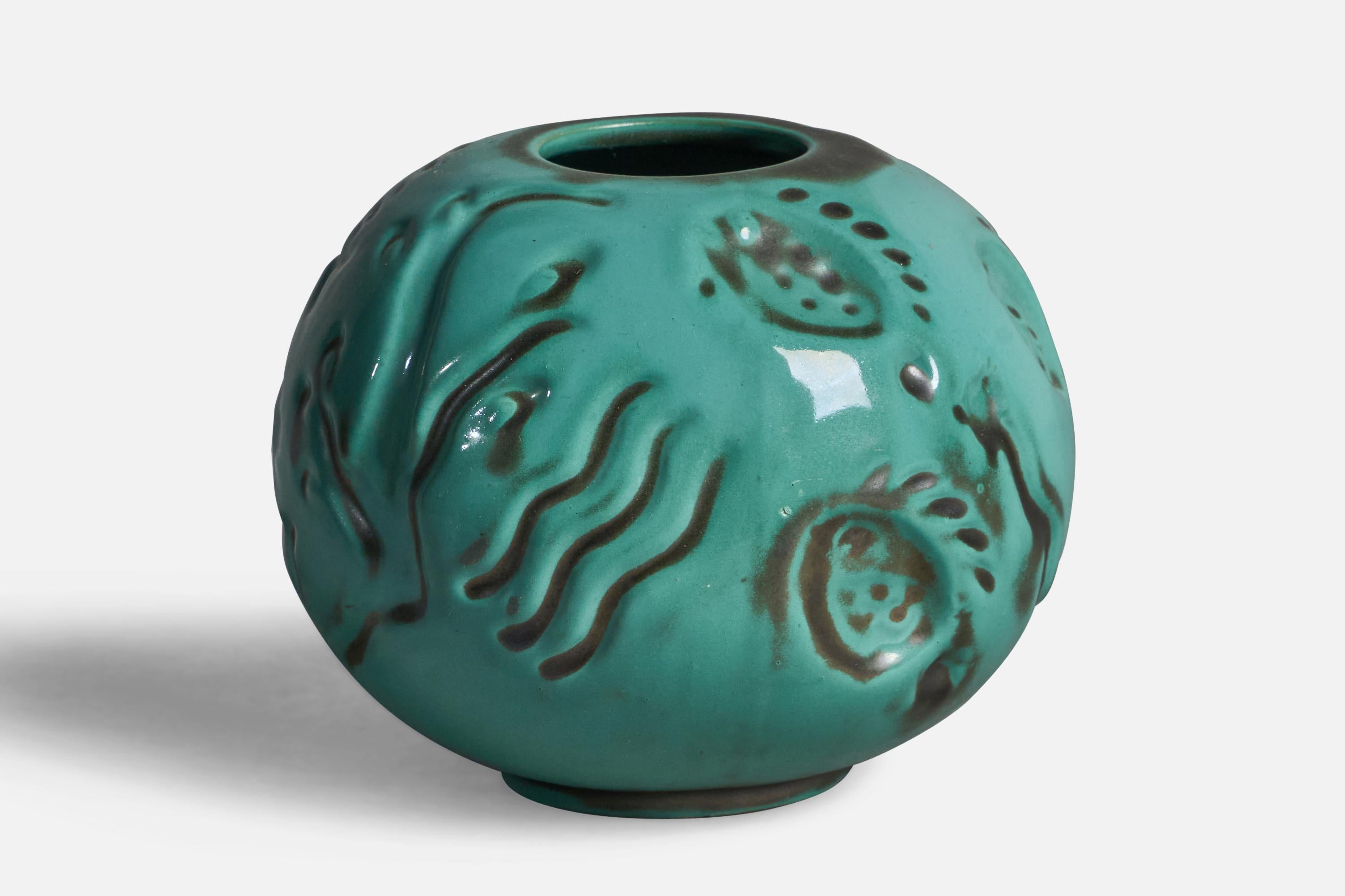 An incised green-glazed earthenware vase, designed and produced by Upsala Ekeby, Sweden, 1930s.