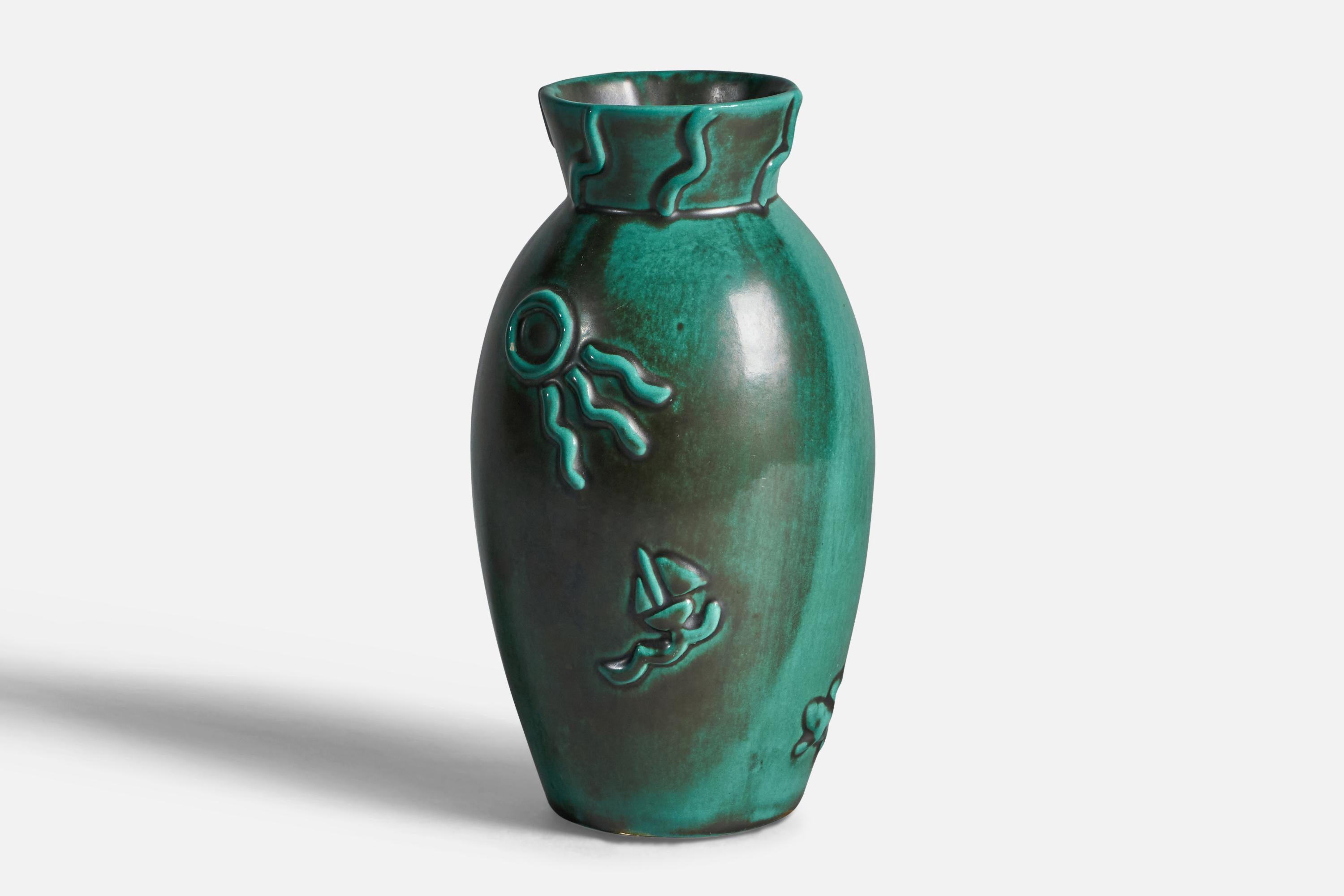 A green-glazed earthenware vase designed and produced by Upsala Ekeby, Sweden, 1930s.