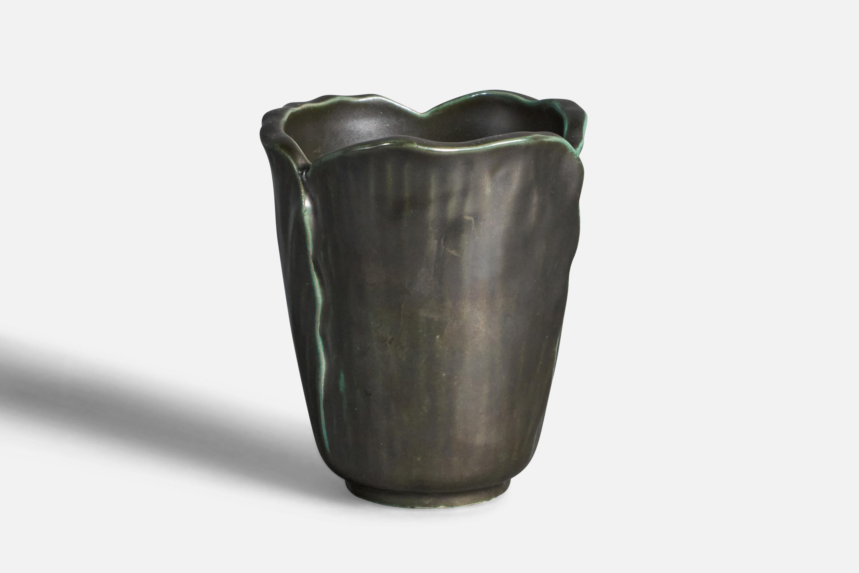 A black and green-glazed earthenware vase designed and produced by Upsala Ekeby, Sweden, 1930s.