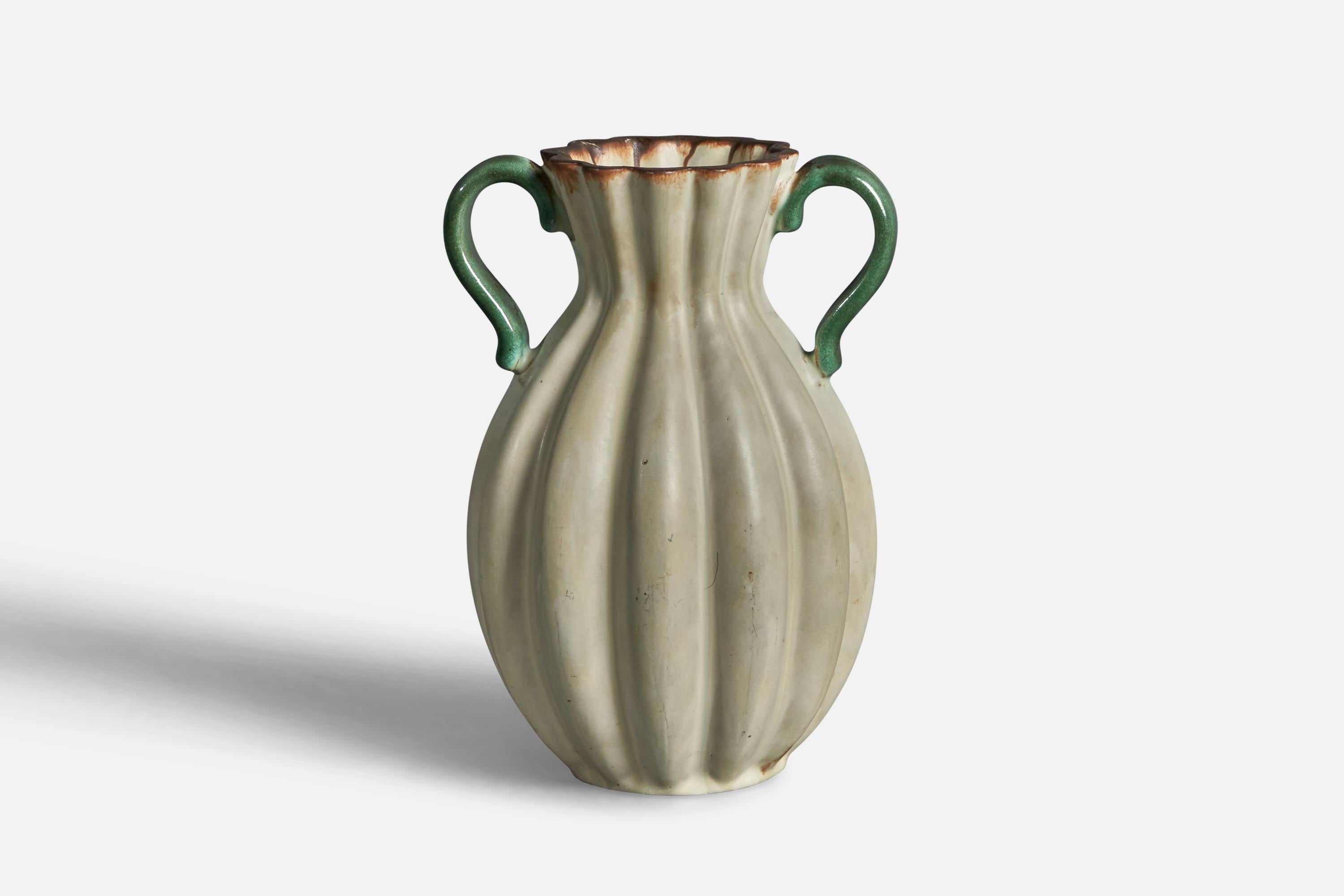 A green and white-glazed earthenware vase designed and produced by Upsala Ekeby, Sweden, 1930s.