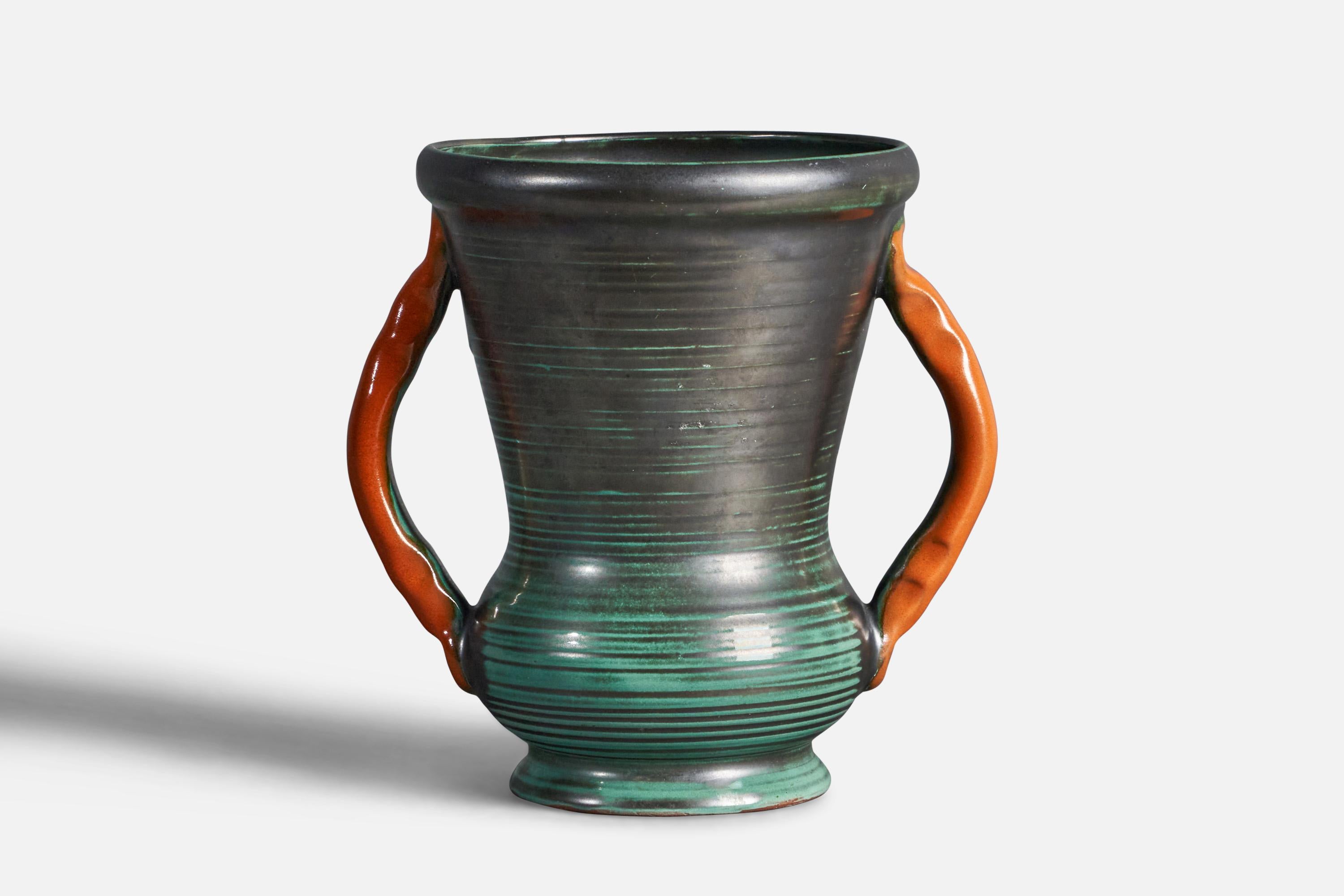 A green and orange-glazed earthenware vase designed and produced by Upsala Ekeby, c. 1930s.