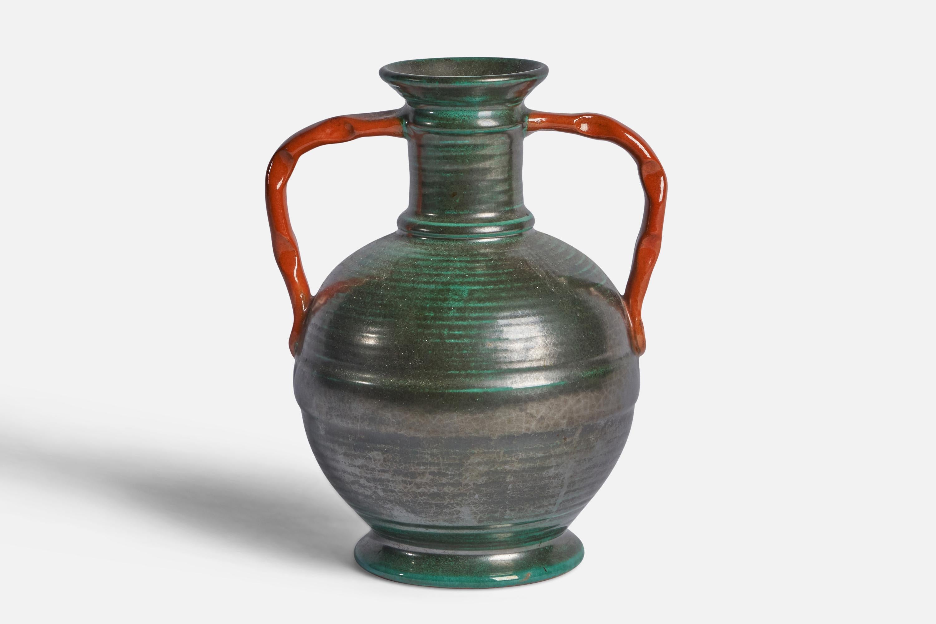 A green and orange-glazed earthenware vase designed and produced by Upsala Ekeby, Sweden, 1930s.