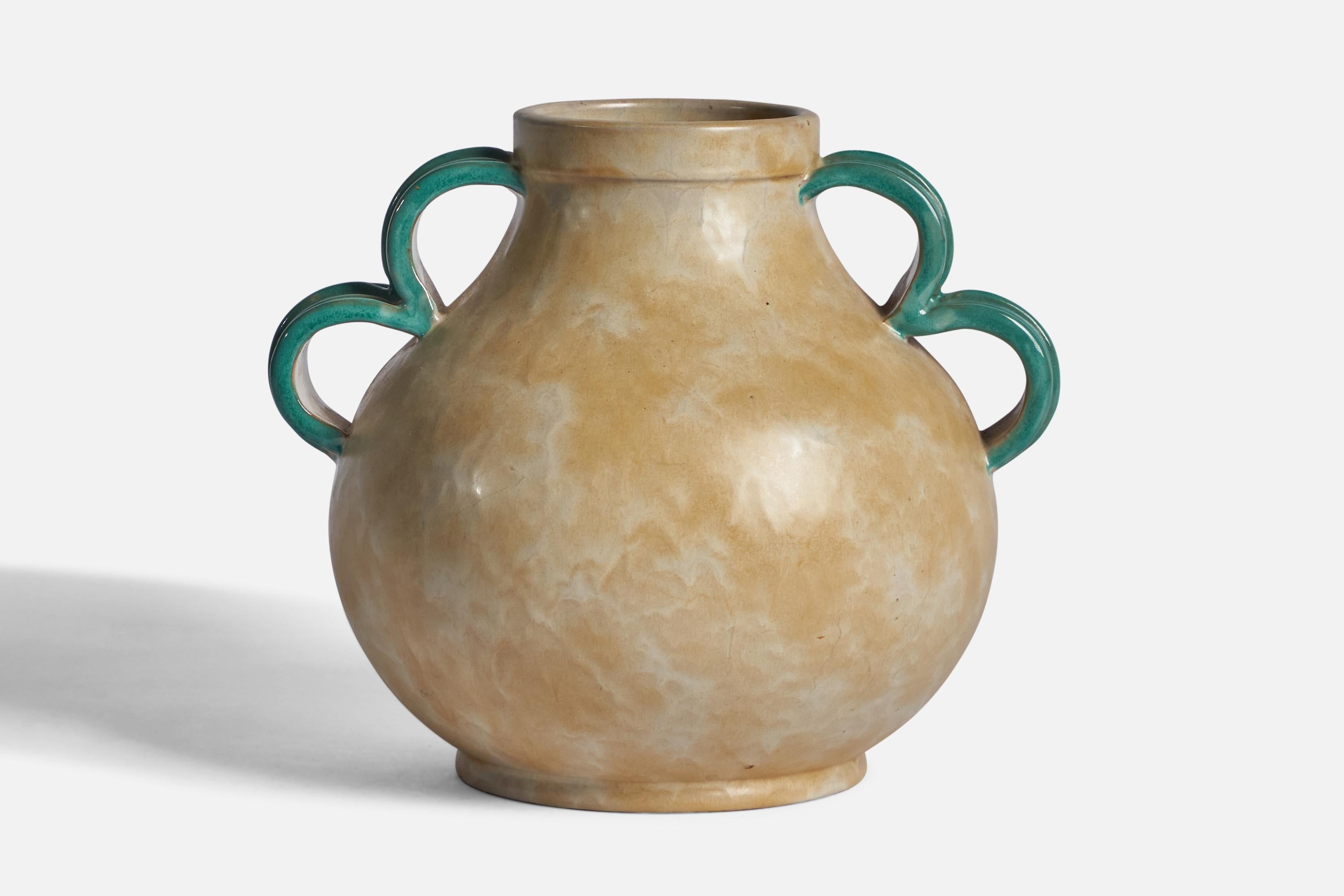Vaso di grandi dimensioni in terracotta smaltata verde e beige progettato e prodotto da Upsala Ekeby, Svezia, anni '30.