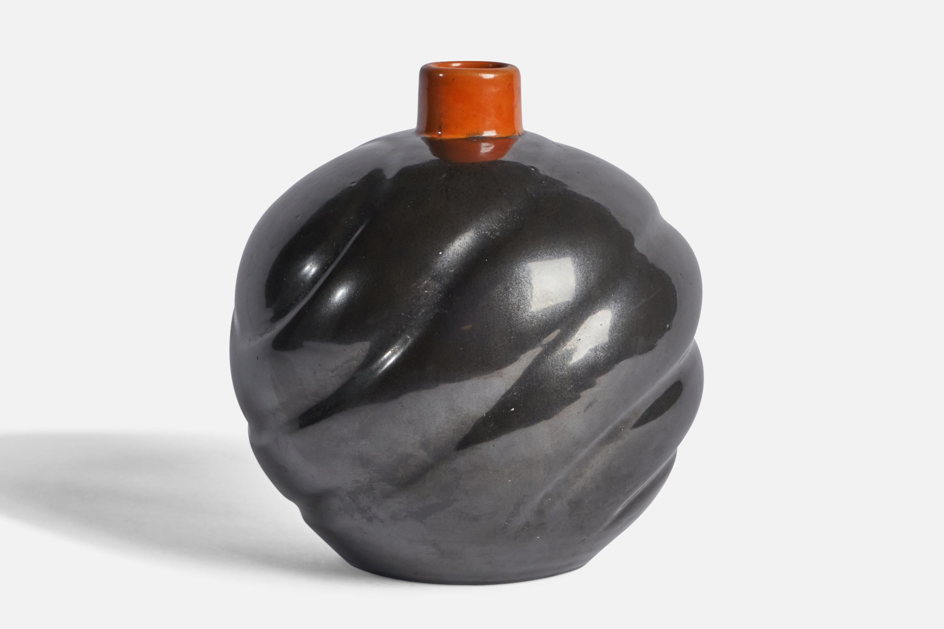 An orange and black-glazed earthenware vase designed and produced by Upsala Ekeby, Sweden, 1930s.