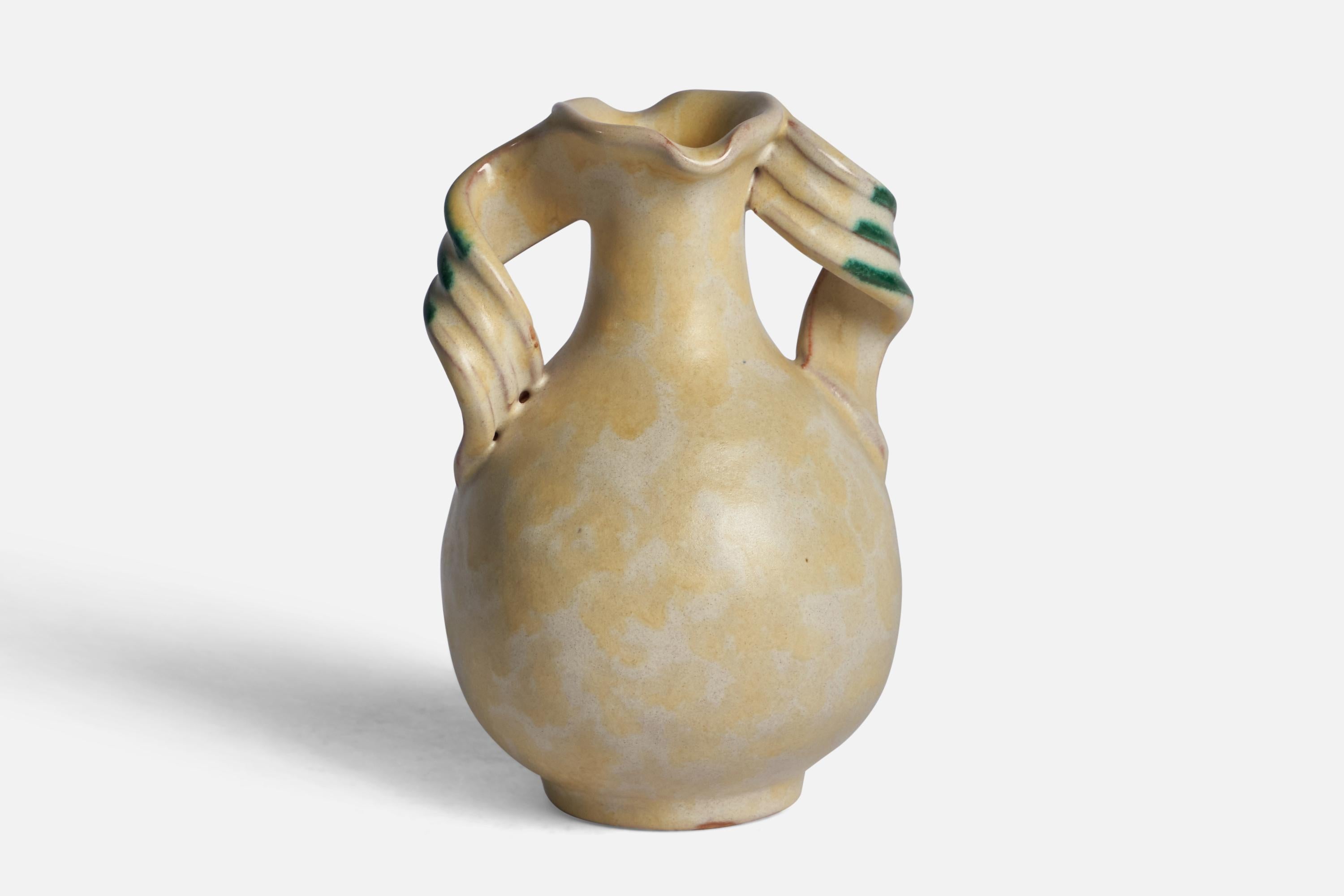 A green and beige-glazed earthenware vase designed and produced by Upsala Ekeby, Sweden, 1930s.
