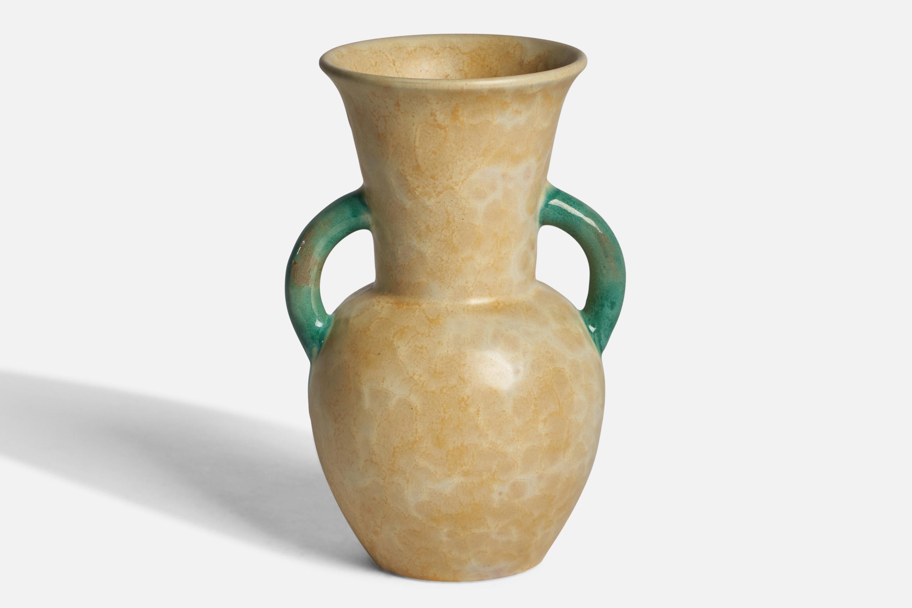 A green and yellow-glazed earthenware vase designed and produced by Upsala Ekeby, Sweden, 1930s.