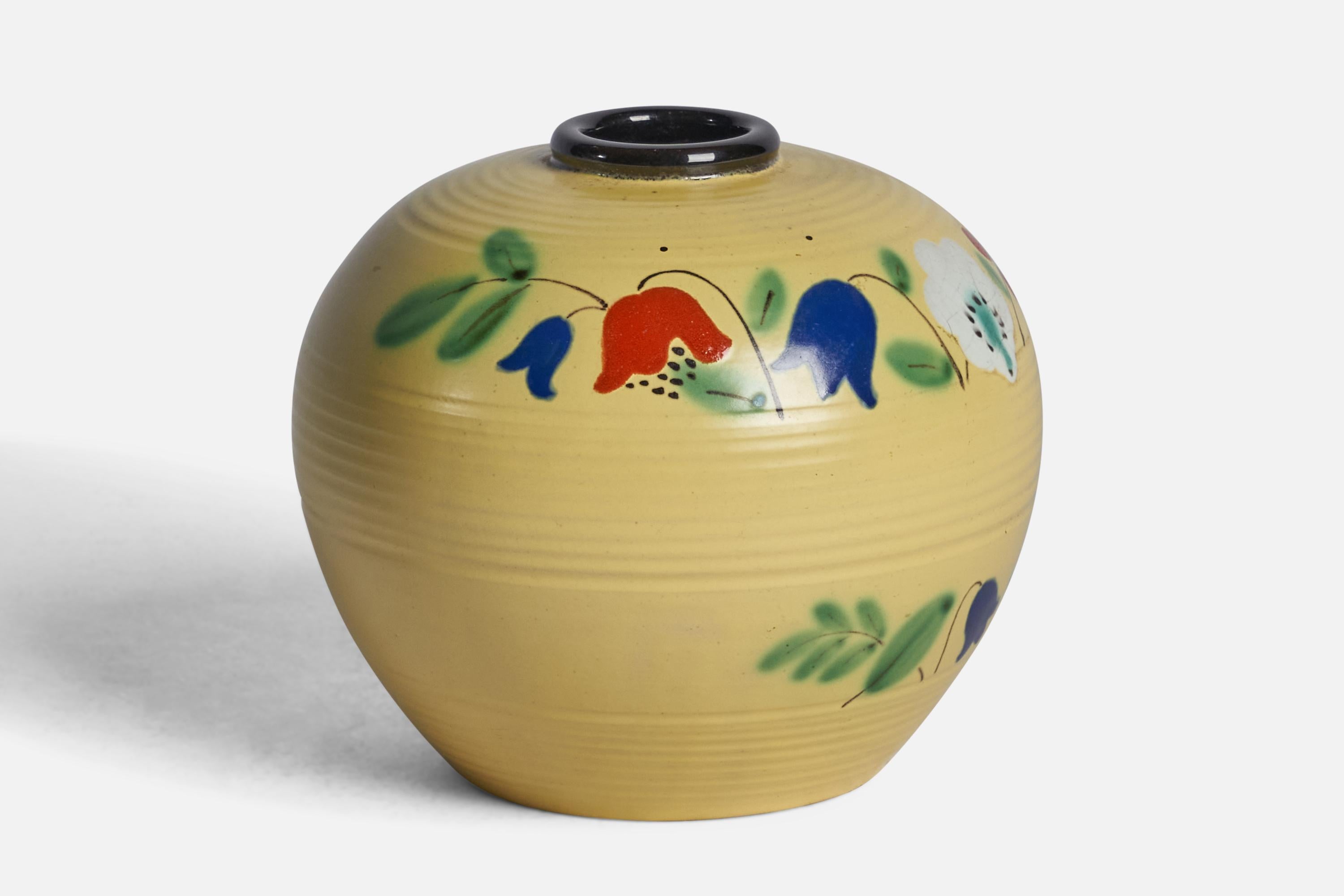 A yellow-glazed earthenware vase with Handpainted details by Upsala Ekeby, Sweden, 1930s.