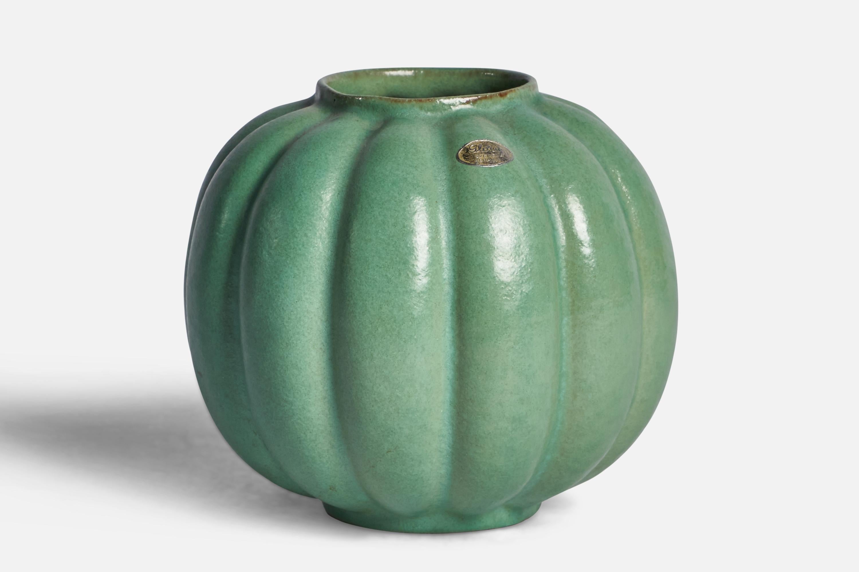 A green-glazed earthenware vase designed and produced by Upsala Ekeby, Sweden, c. 1930s.