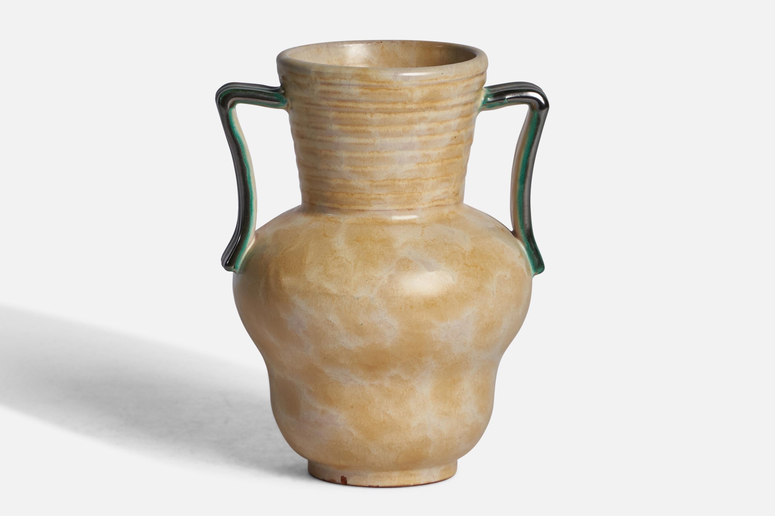 A green and beige-glazed earthenware vase designed and produced in Sweden, 1930s.