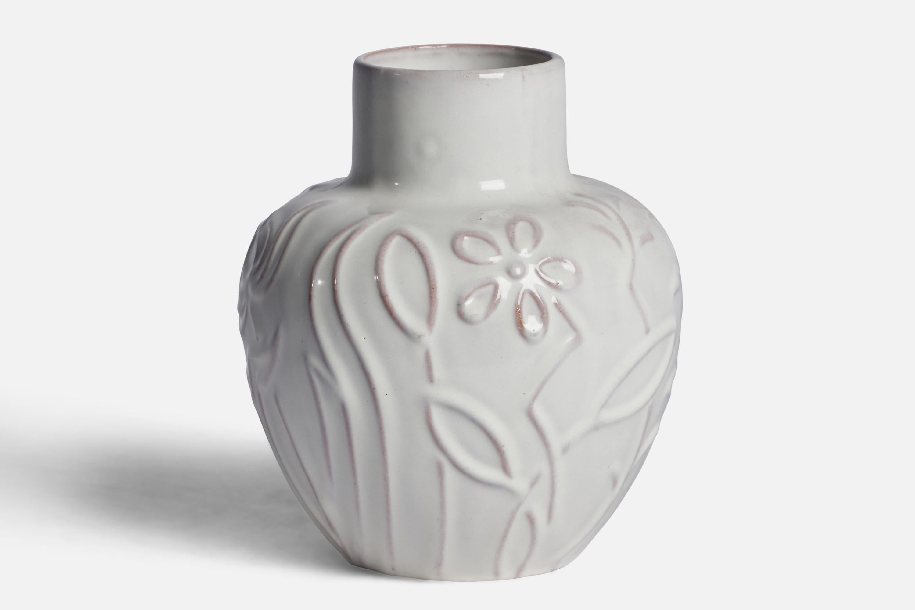 A white-glazed earthenware vase designed and produced by Upsala Ekeby, Sweden, 1930s.