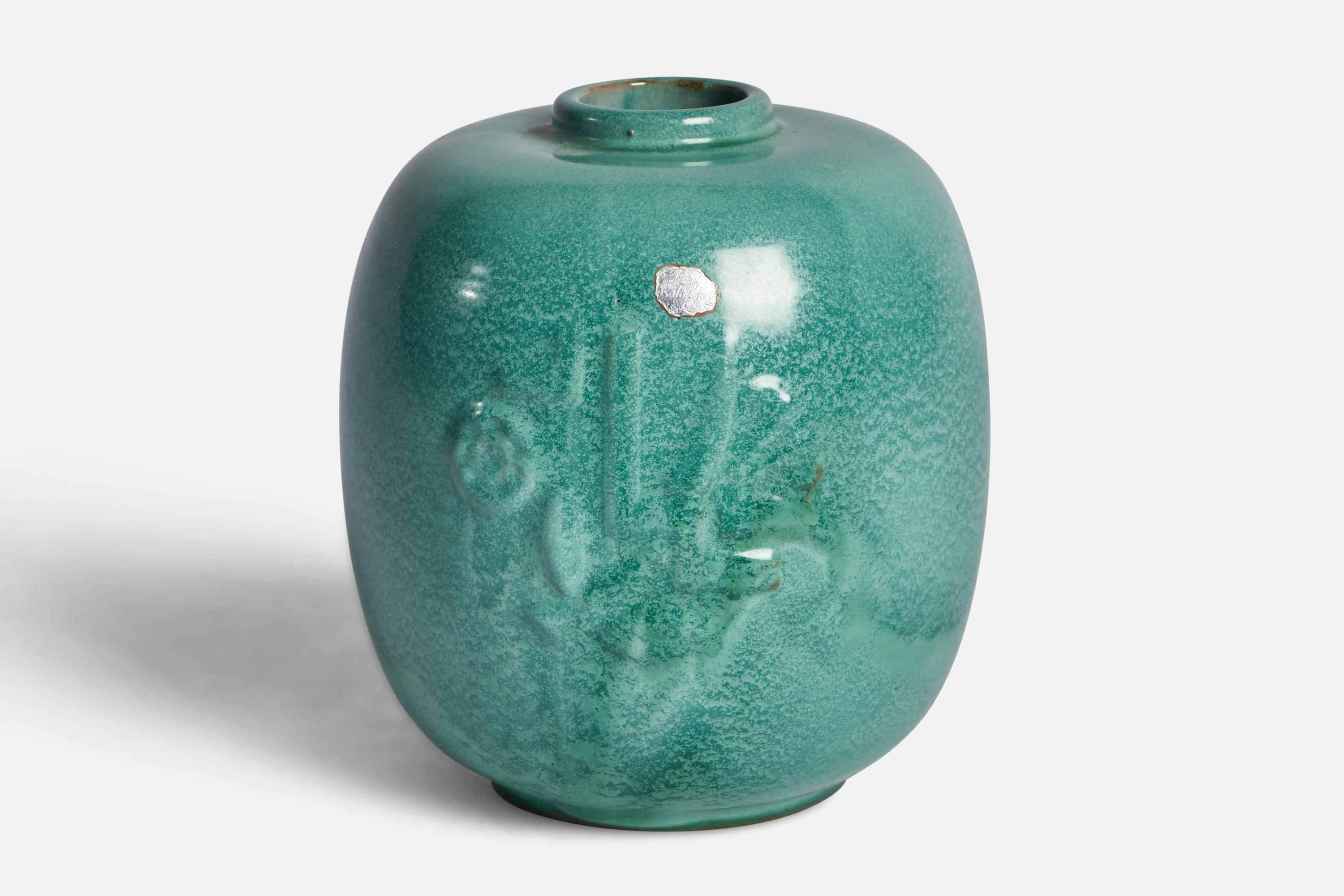 A teal green-glazed earthenware vase designed and produced by Upsala Ekeby, Sweden, 1930s.