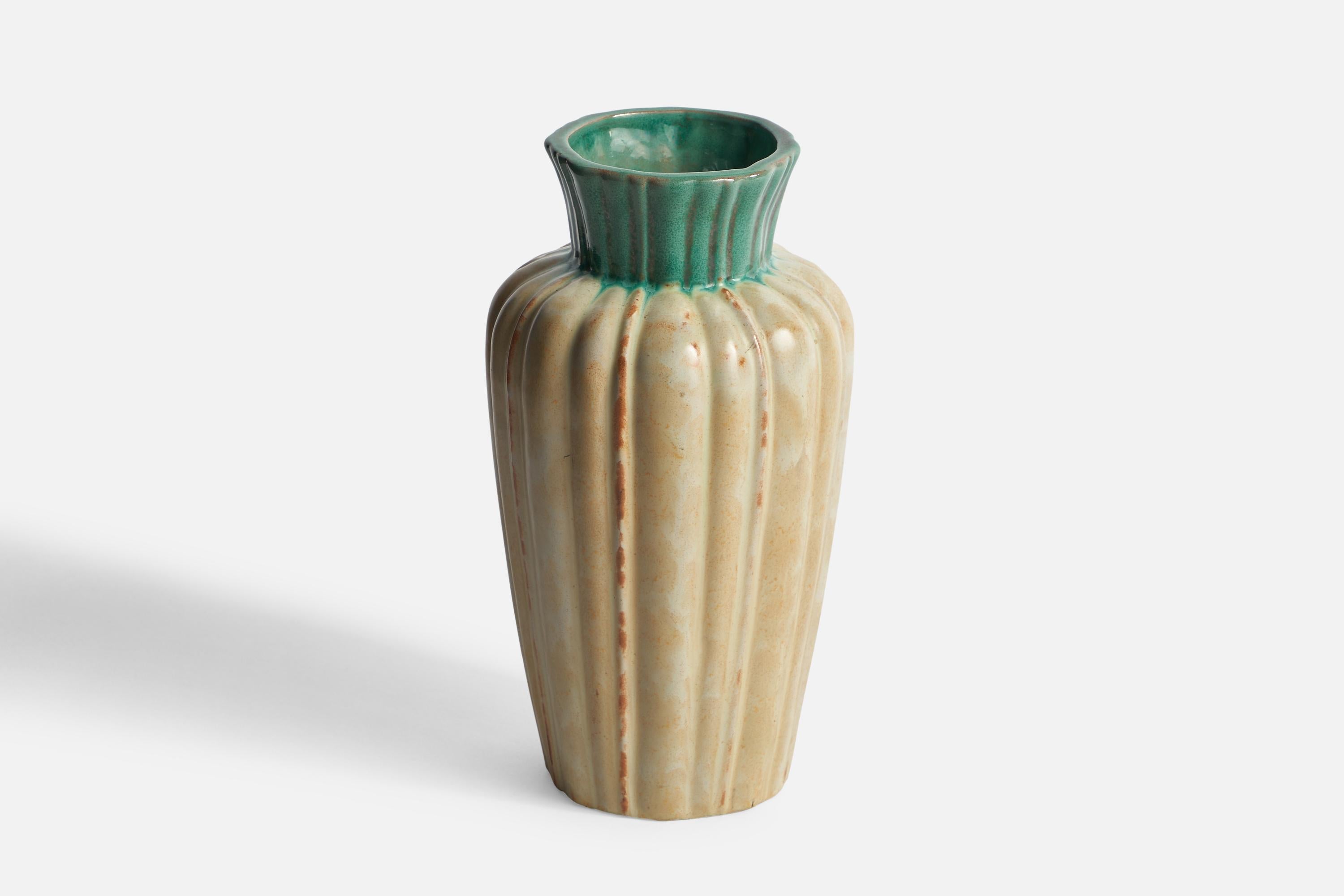 A green and beige-glazed fluted vase designed and produced by Upsala Ekeby, Sweden, 1930s.
