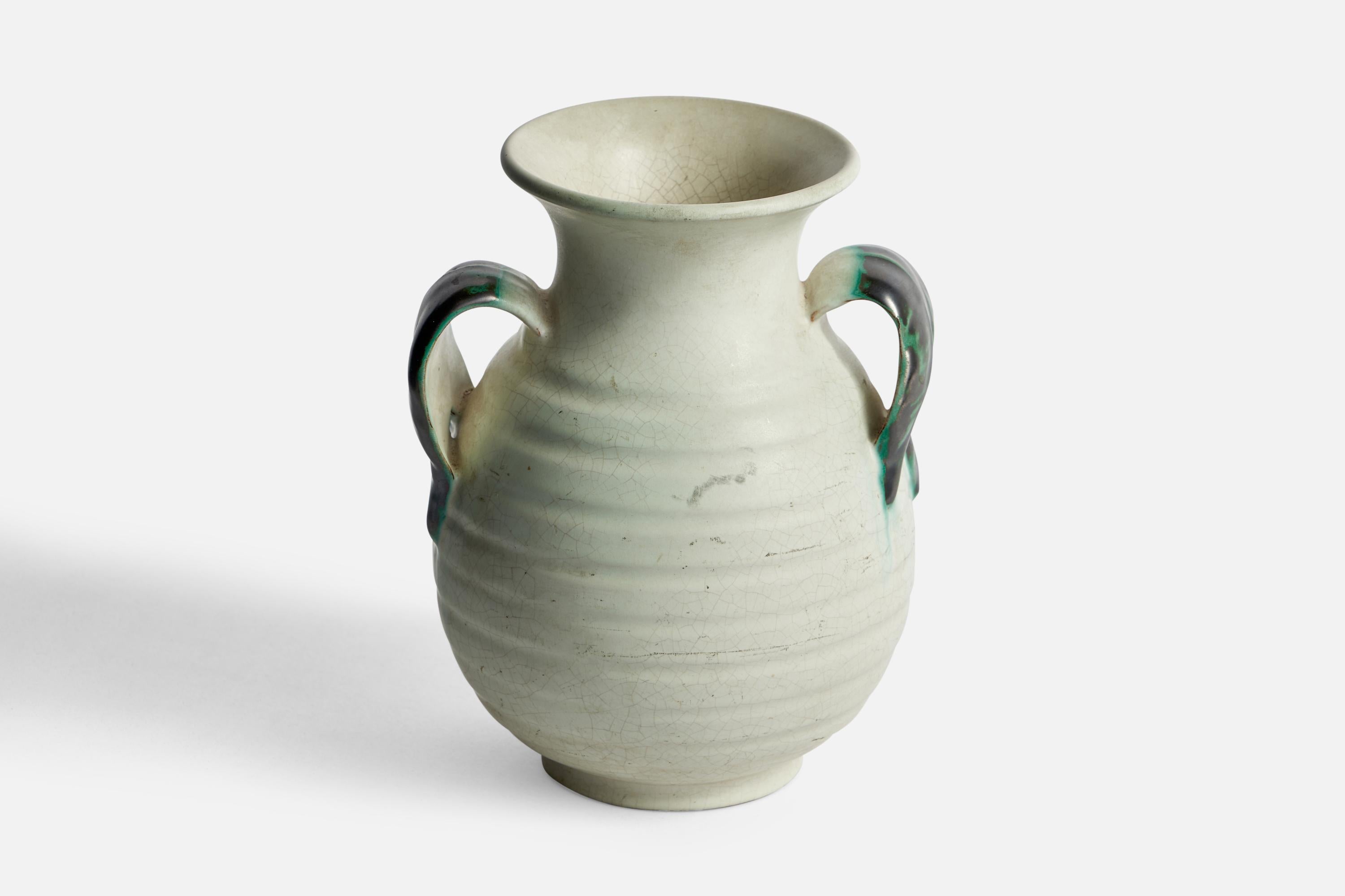 A green and off-white-glazed vase designed and produced by Upsala Ekeby, Sweden, 1930s.