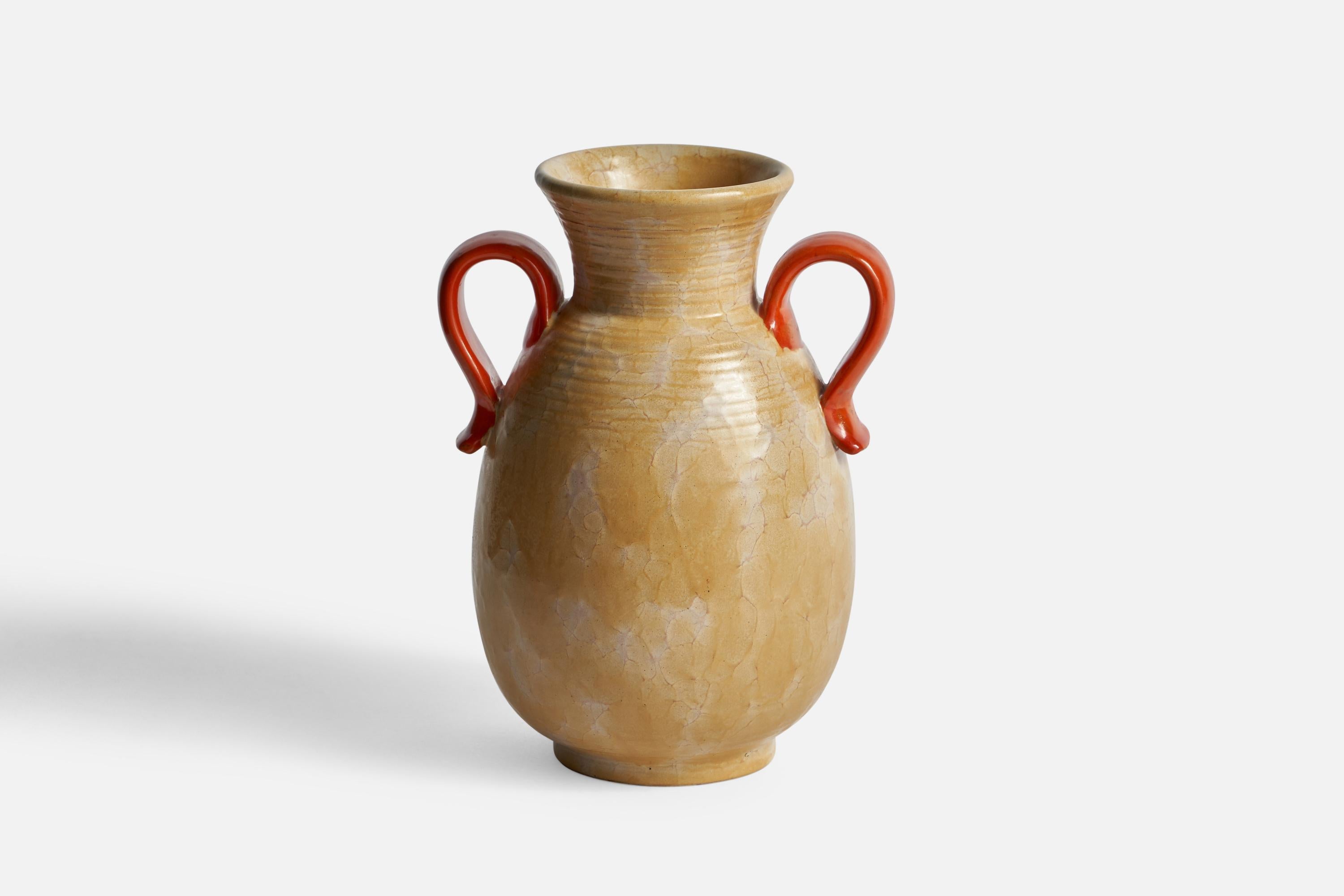 An orange and beige glazed earthenware vase designed and produced by Upsala Ekeby, Sweden, c. 1930s