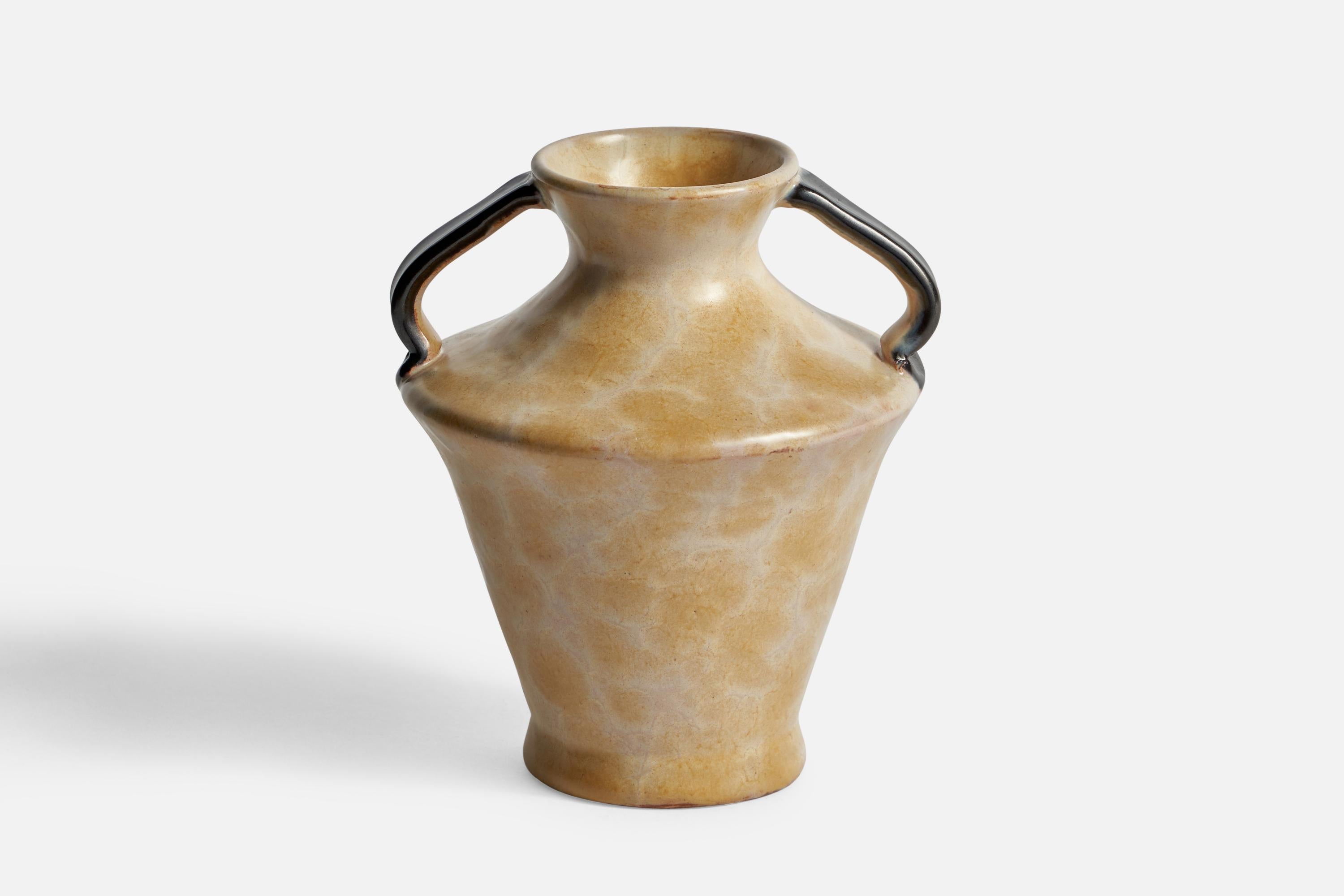 A black and beige-glazed earthenware vase designed and produced by Upsala Ekeby, Sweden, 1930s.