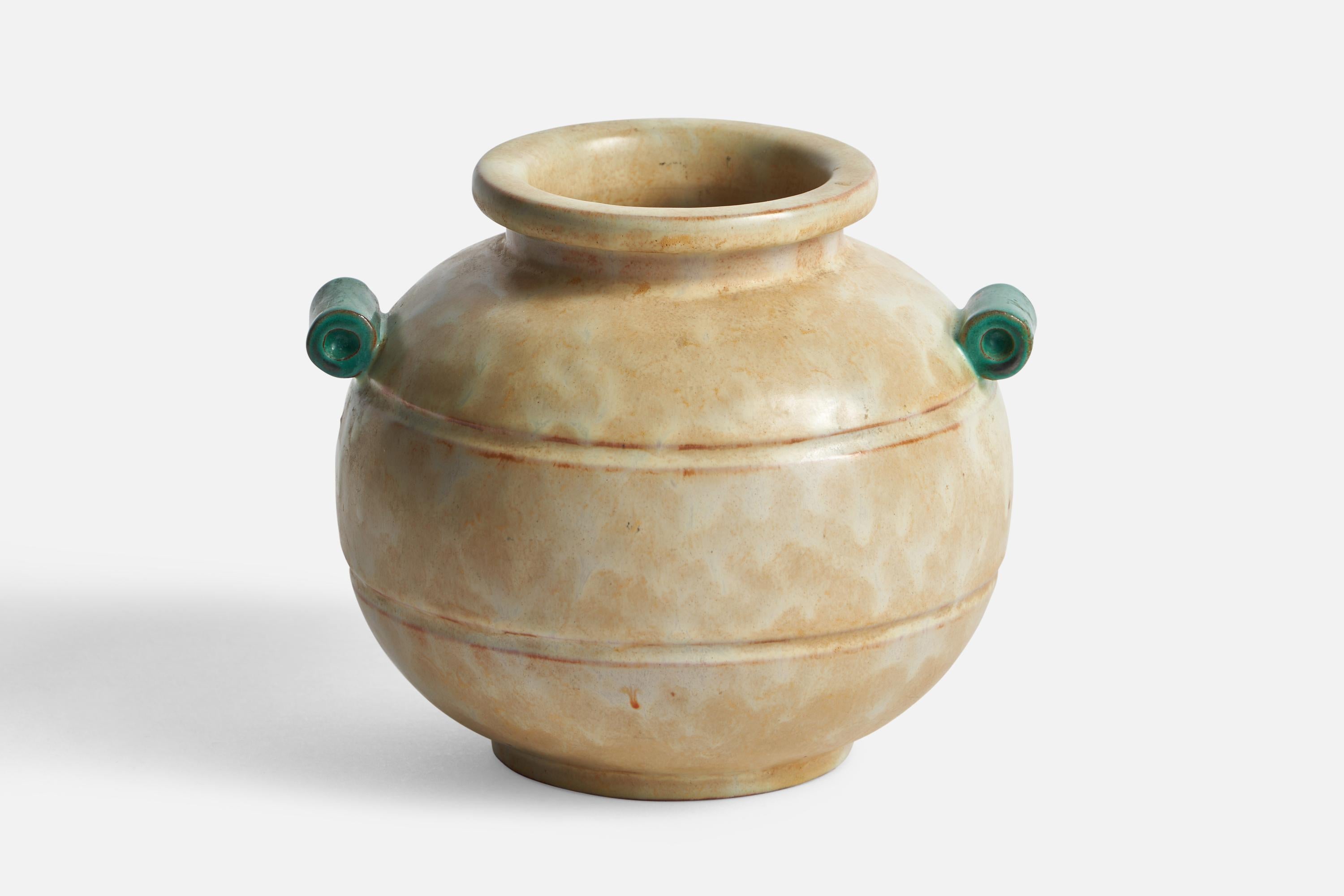 A beige and green-glazed earthenware vase designed and produced by Upsala Ekeby, Sweden, 1930s.