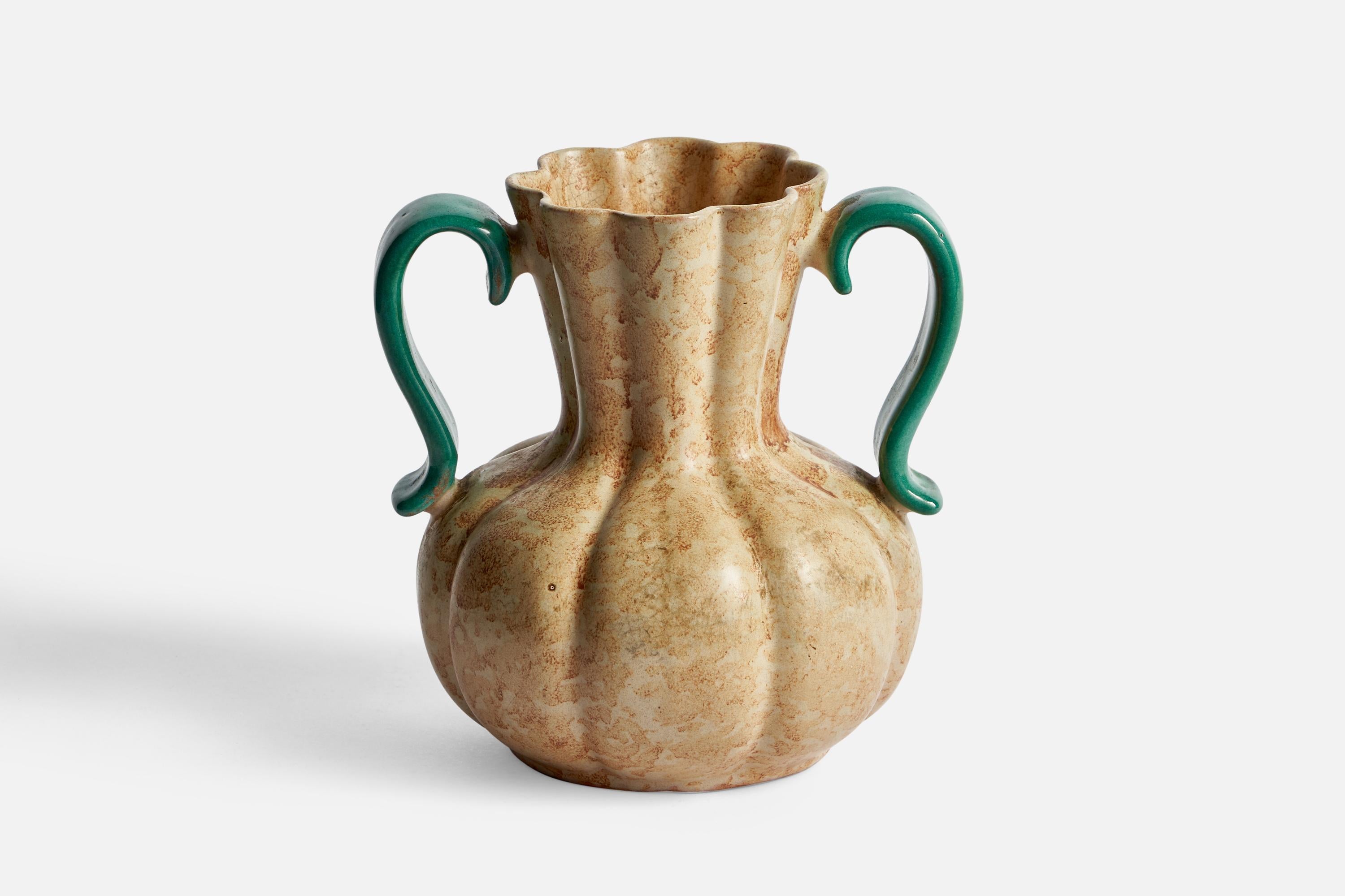 A beige and green-glazed earthenware vase designed and produced by Upsala Ekeby, Sweden, 1930s.