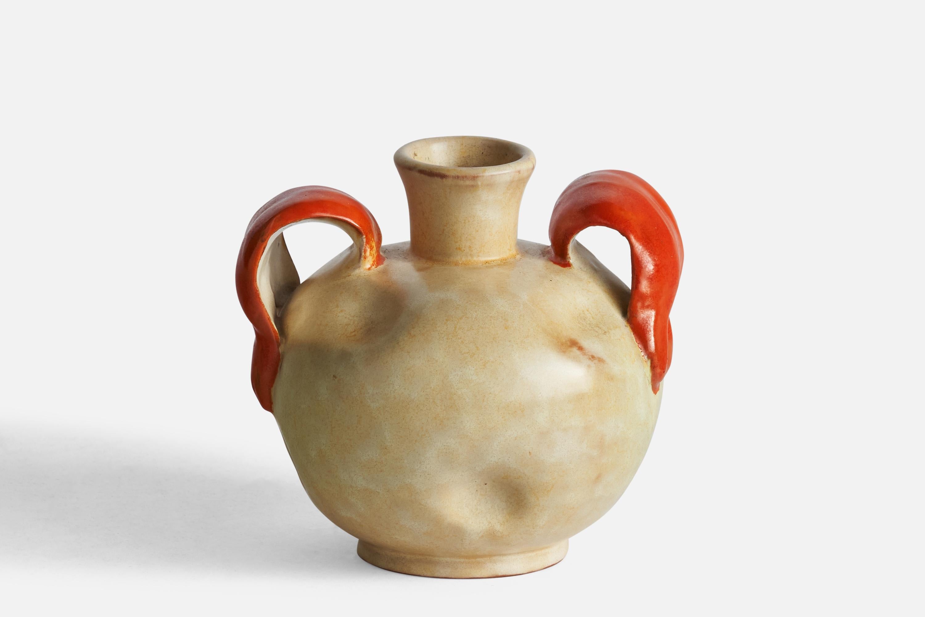 Beige und orange glasierte Vase aus Steingut, entworfen und hergestellt von Upsala Ekeby, Schweden, 1930er Jahre.