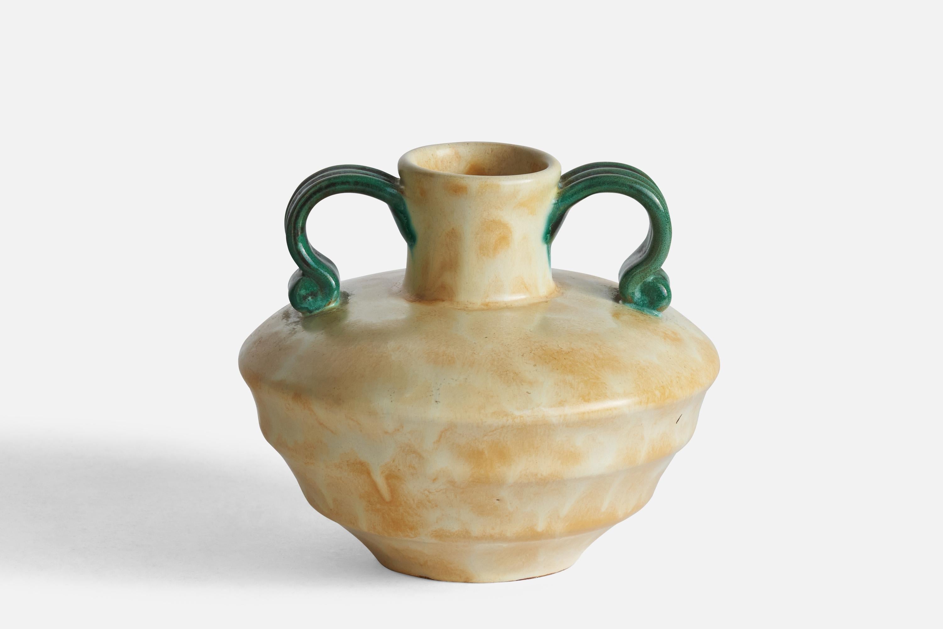 A beige and green-glazed earthenware vase designed and produced by Upsala Ekeby, Sweden, 1930s.