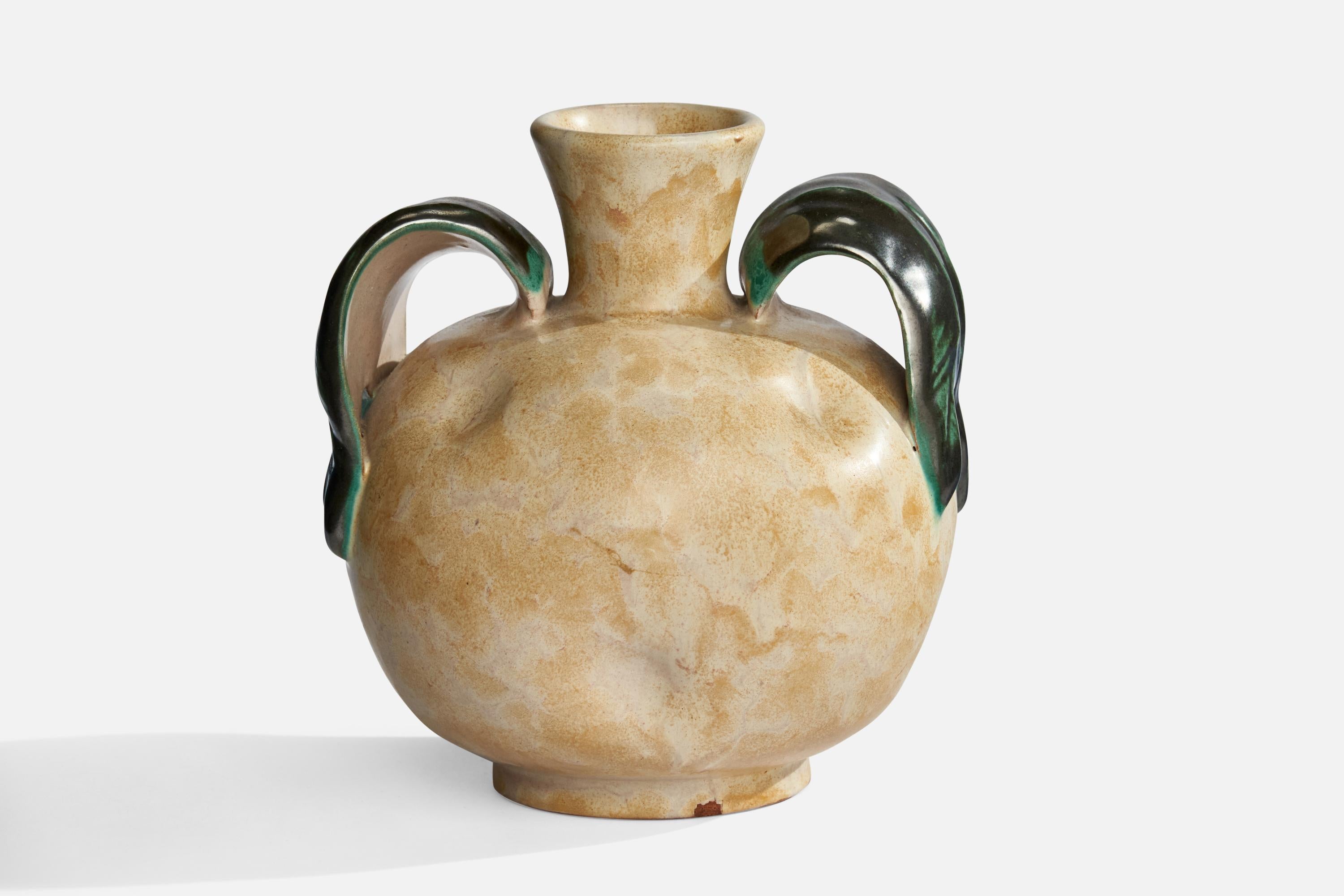 A beige and green-glazed earthenware vase designed and produced by Upsala Ekeby, Sweden, 1930s.