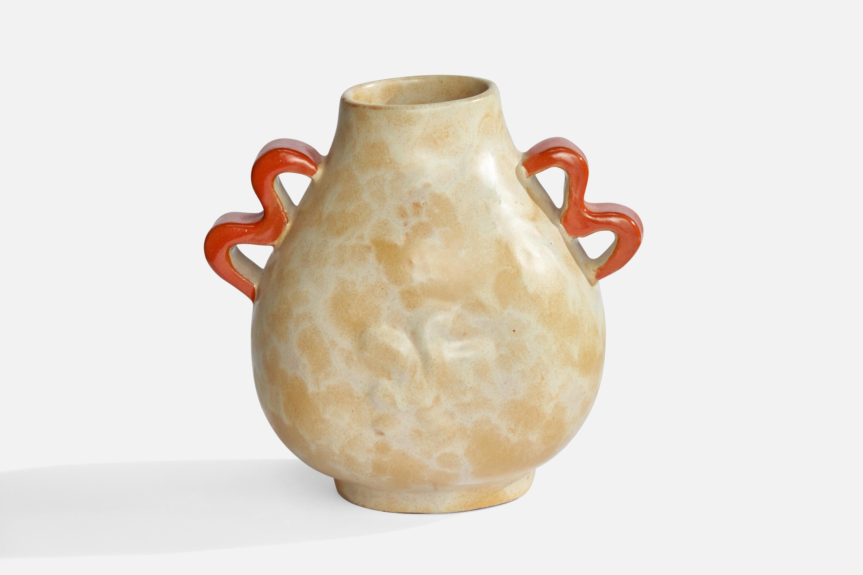 A beige and orange-glazed earthenware vase designed and produced by Upsala Ekeby, Sweden, 1930s.