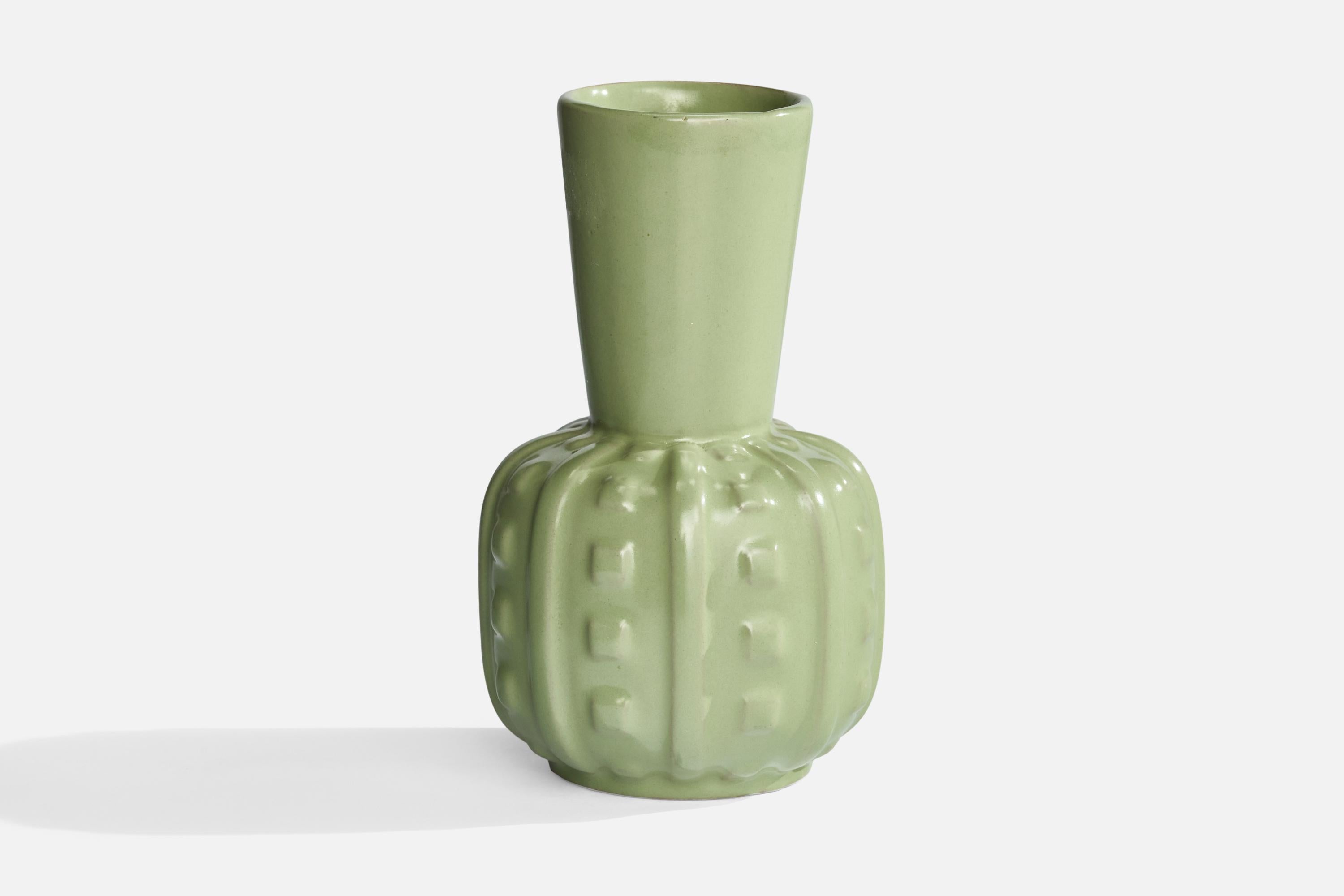 A green-glazed earthenware vase designed and produced by Upsala Ekeby, Sweden, 1930s.