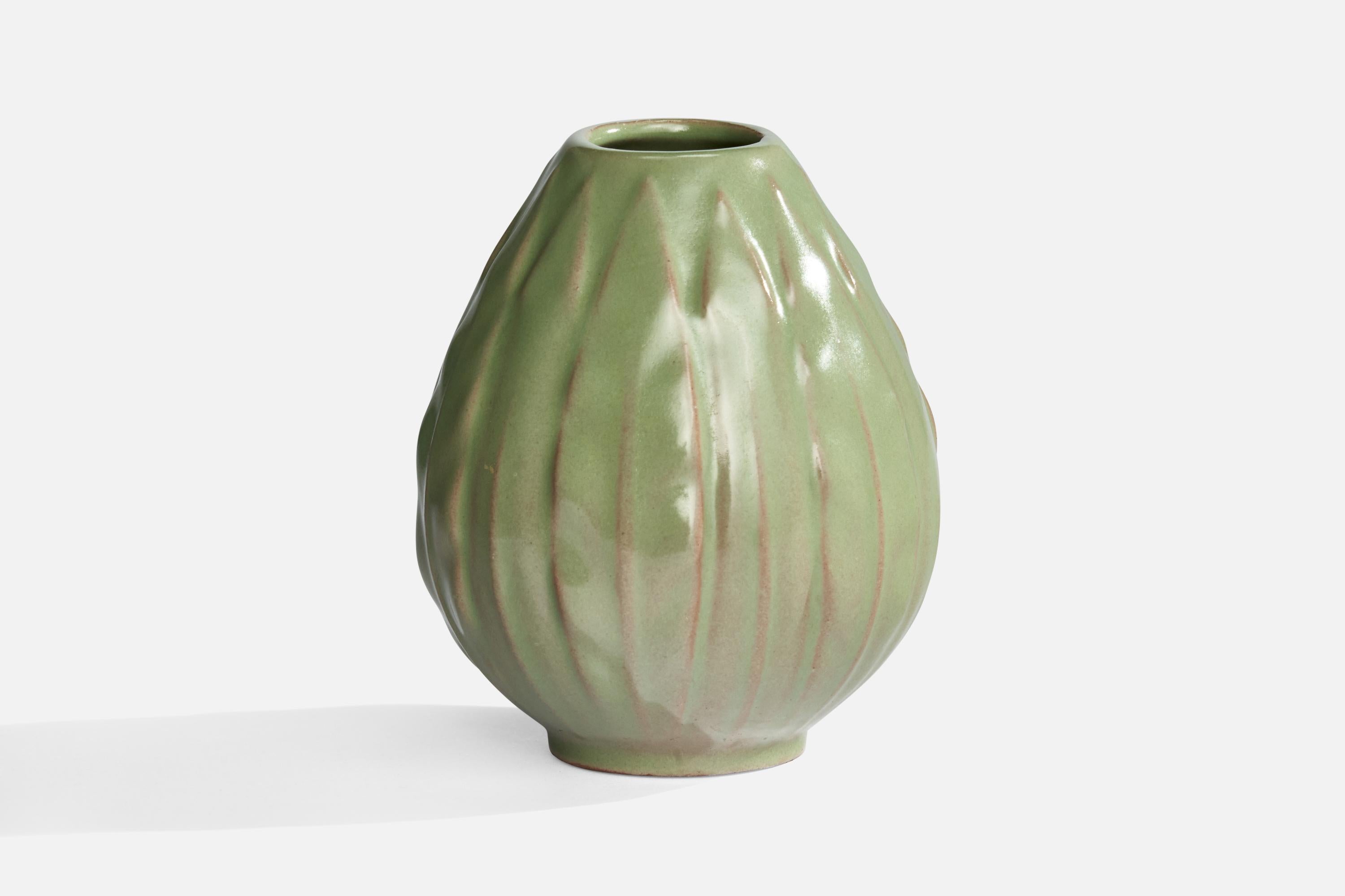 A green-glazed earthenware vase designed and produced by Upsala Ekeby, Sweden, 1930s.