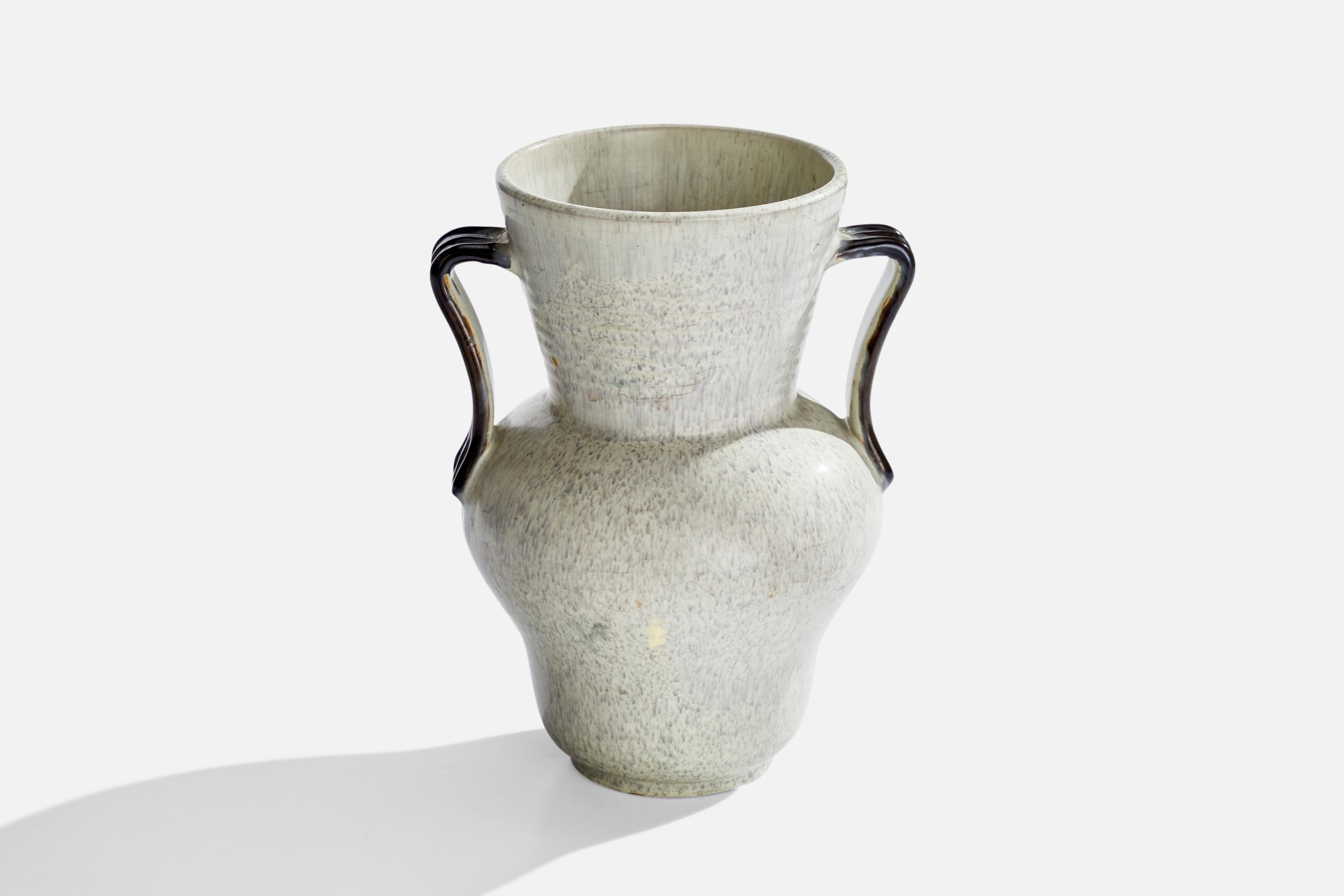 A light grey and black-glazed earthenware vase designed and produced by Upsala Ekeby, Sweden, 1930s.