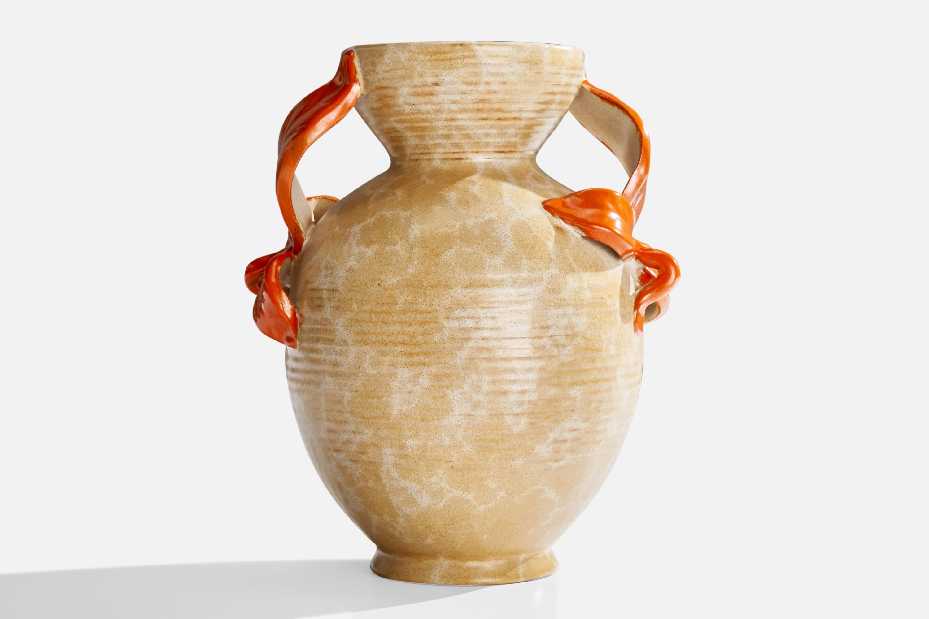 A beige and orange-glazed earthenware vase designed and produced by Upsala Ekeby, Sweden, 1930s.