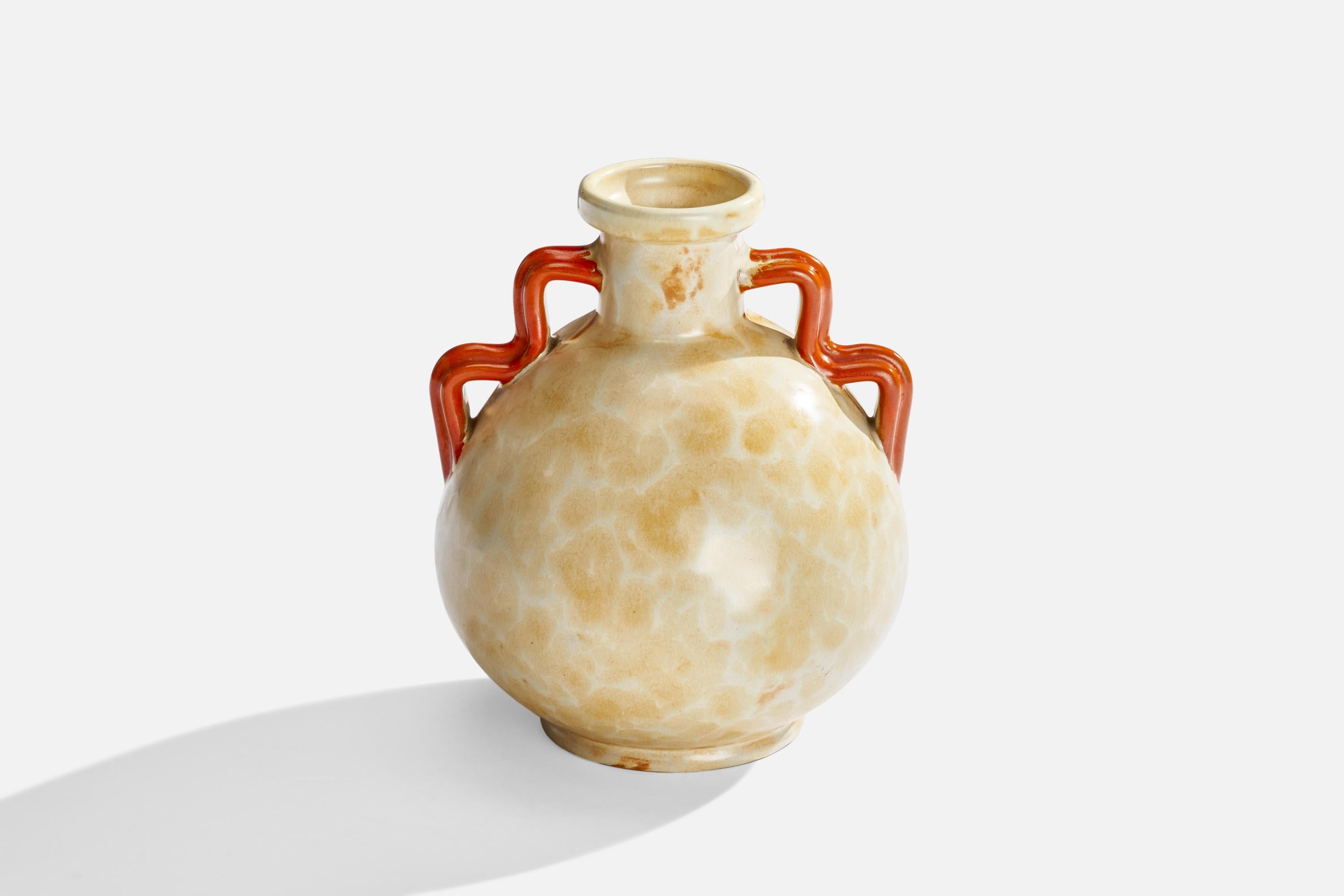 A beige and orange-glazed earthenware vase designed and produced by Upsala Ekeby, Sweden, 1930s.