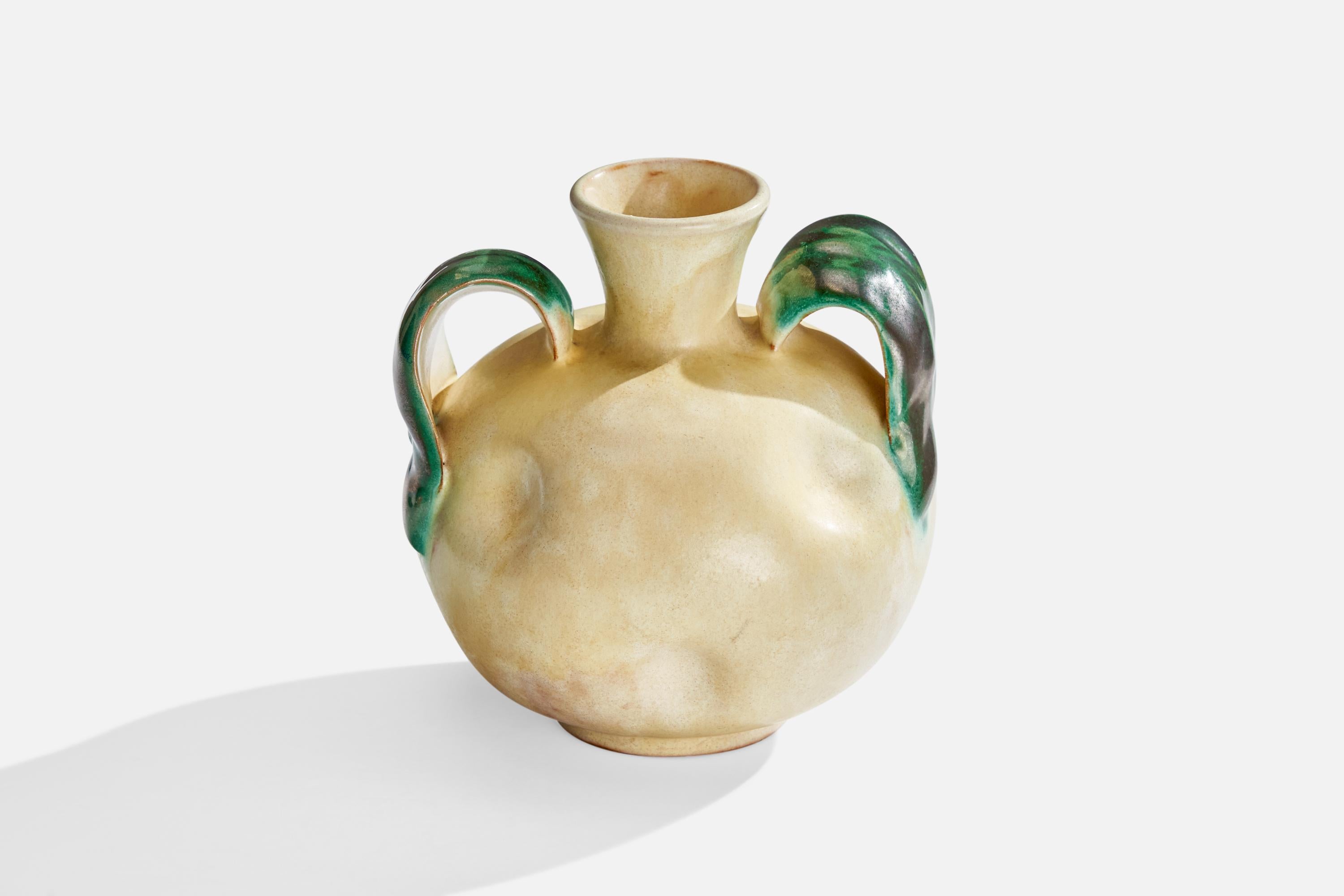 A beige and green-glazed earthenware vase designed and produced by Upsala Ekeby, Sweden, 1930s.