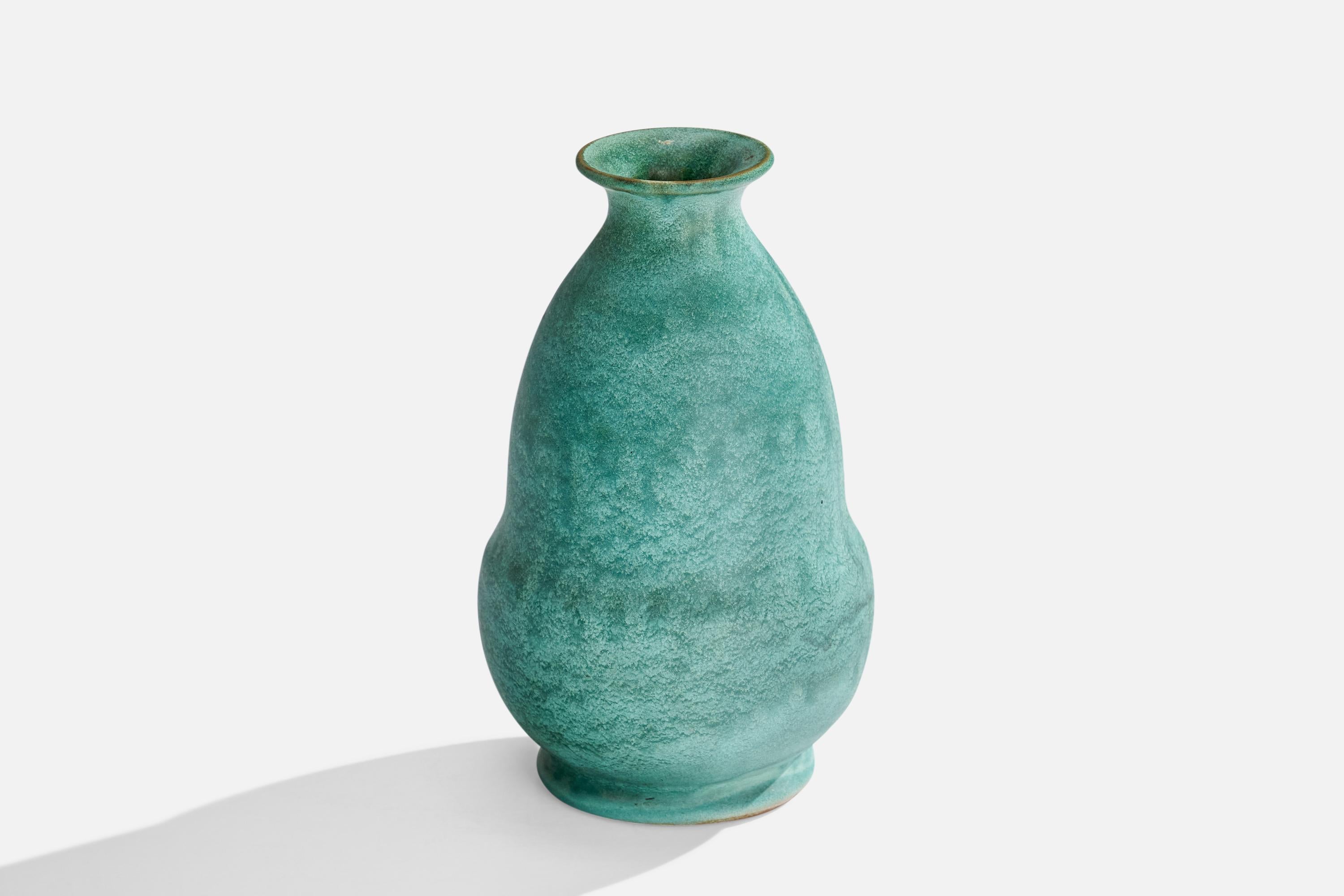 A blue green-glazed earthenware vase designed and produced by Upsala Ekeby, Sweden, c. 1930s.