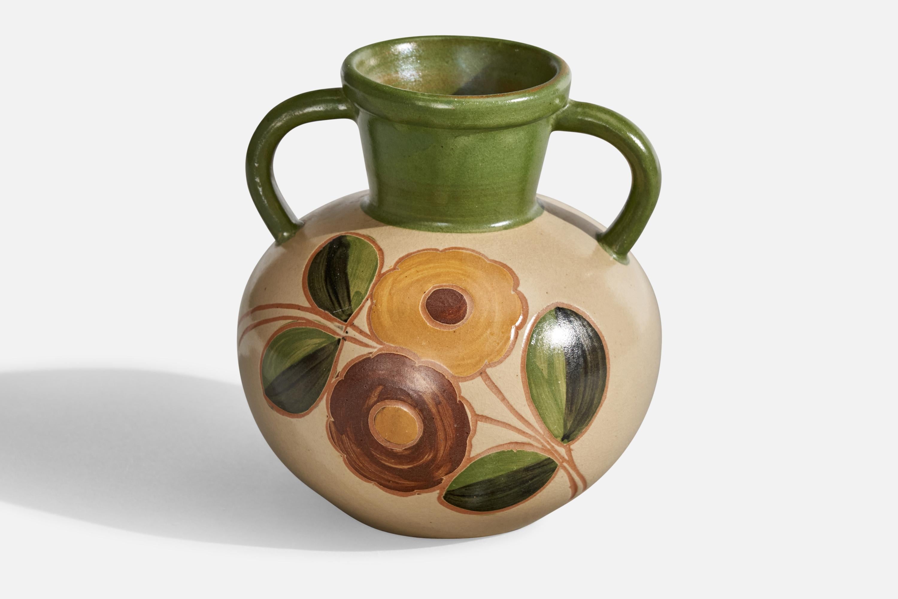A hand-painted beige and green-glazed earthenware vase designed and produced by Upsala Ekeby, Sweden, 1930s.
