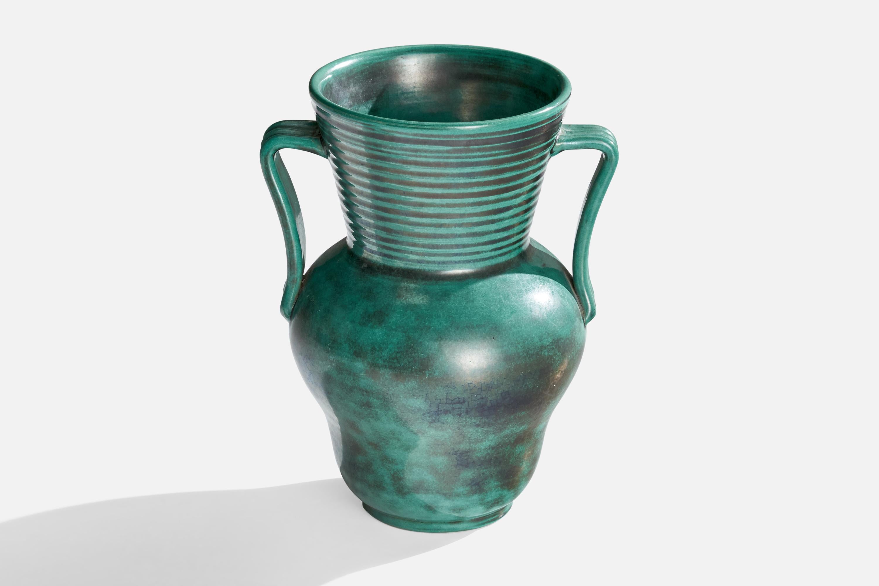 A green-glazed earthenware vase designed and produced by Upsala Ekeby, Sweden, 1930s.

