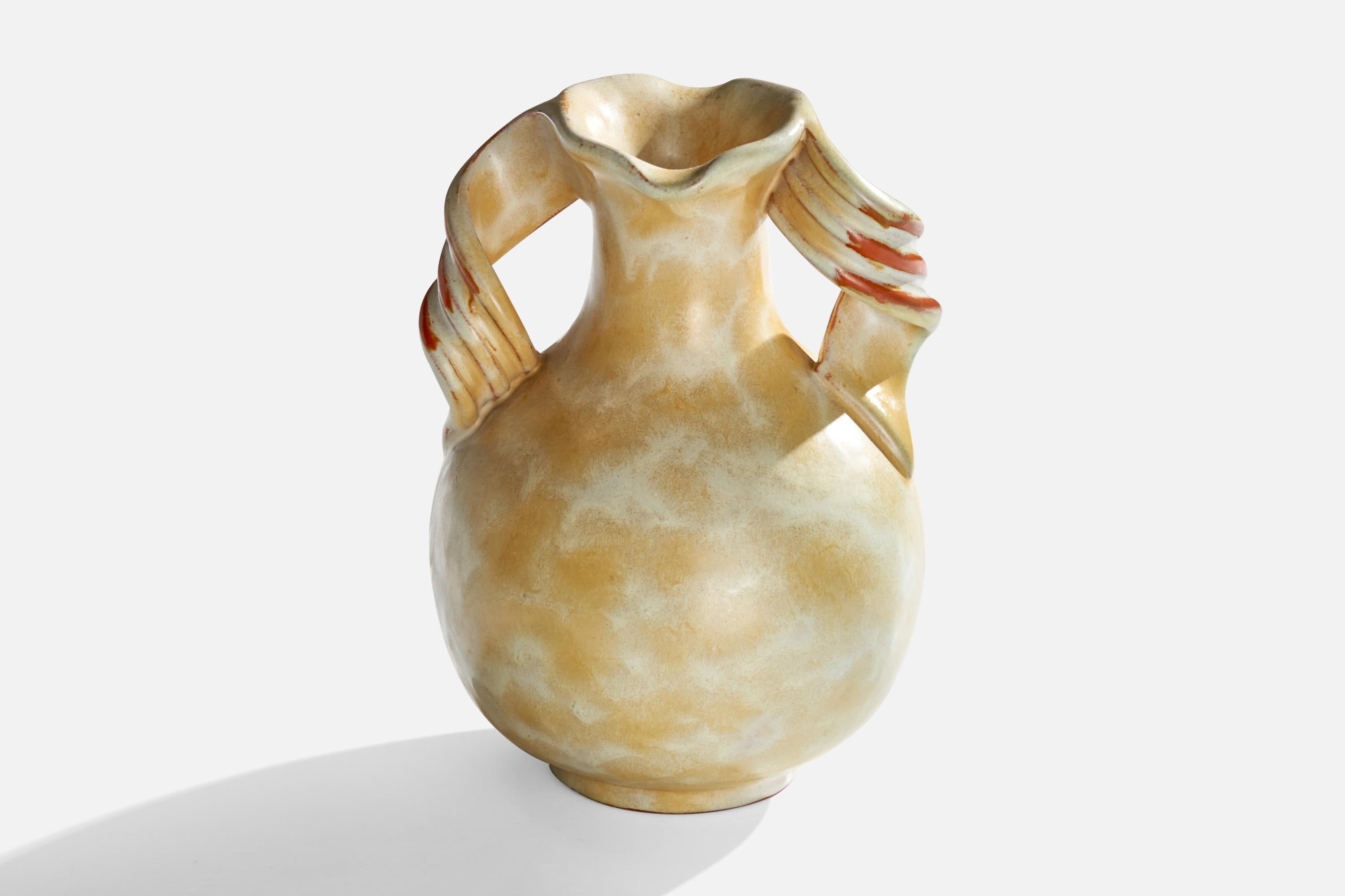 Vaso in terracotta smaltata beige, bianca e arancione disegnato e prodotto da Upsala Ekeby, Svezia, anni '30.